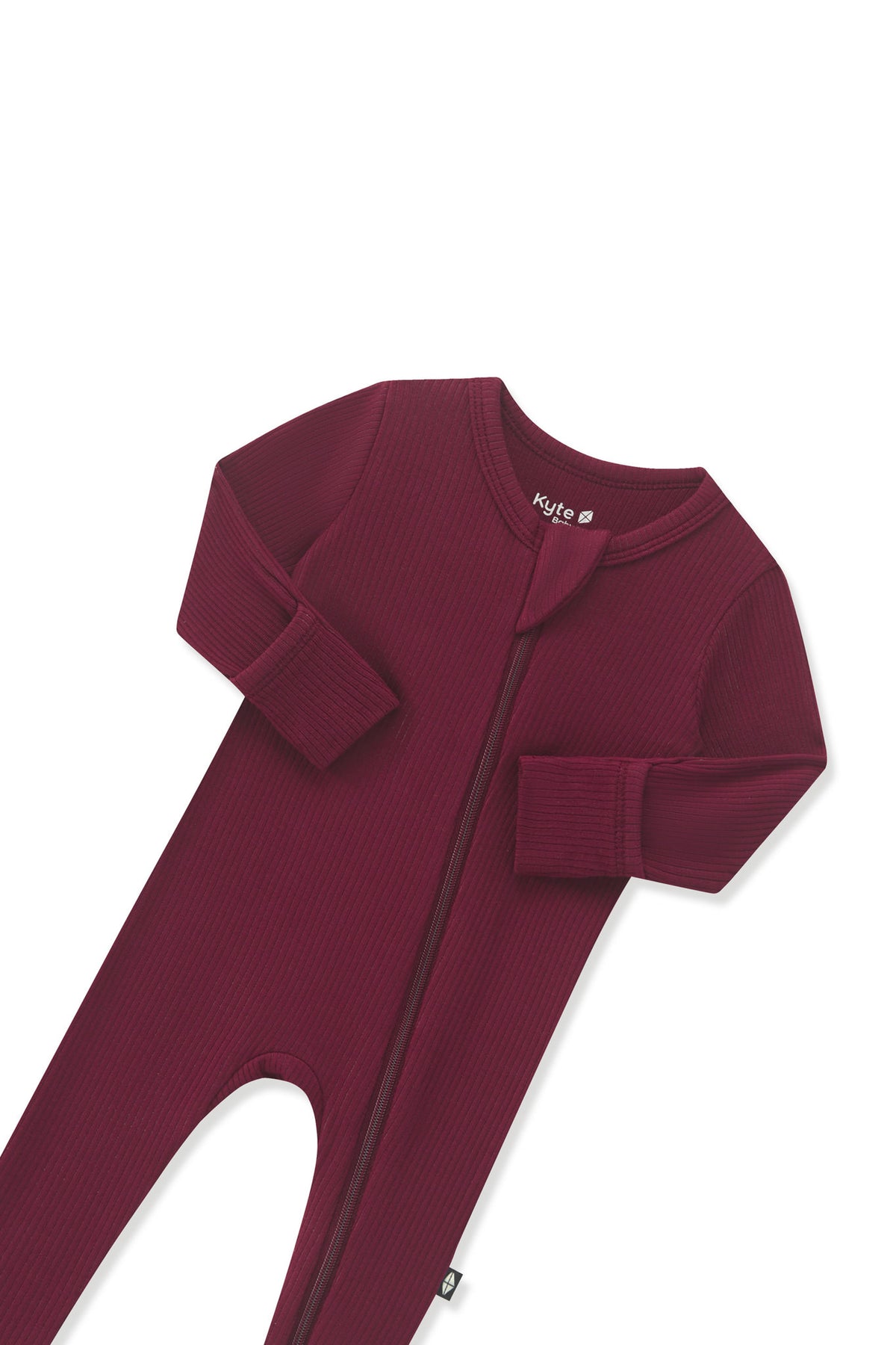 Close up of the zipper garage and fold over hand cuffs on the Ribbed Zipper Footie in Burgundy on a white background