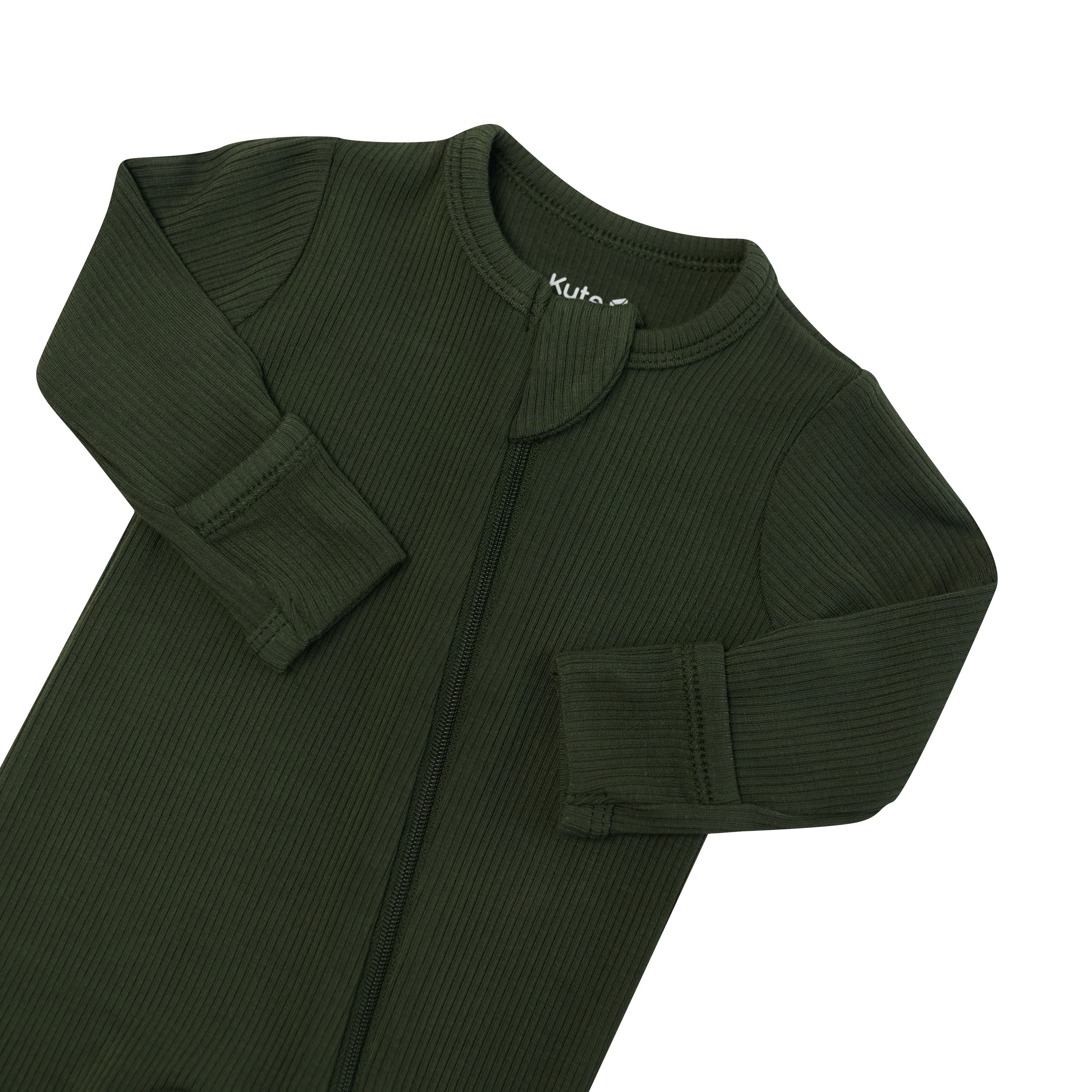 Close up of zipper garage and fold over hand cuffs on the Ribbed Zipper Footie in Fir