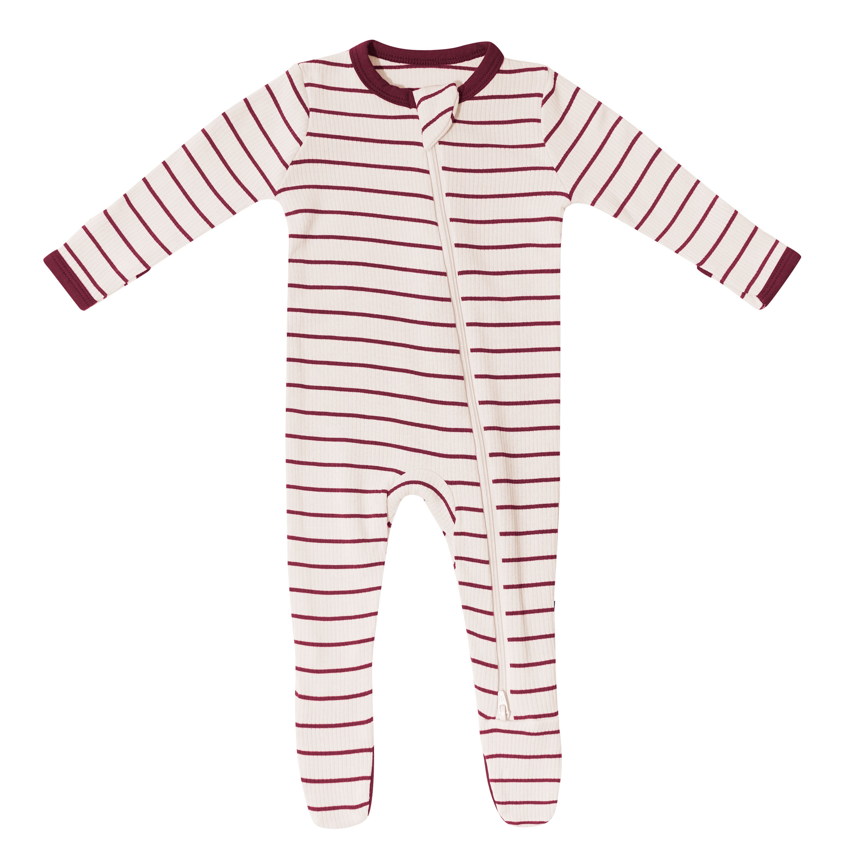 Product photo of the Ribbed Zipper Footie in Burgundy Stripe