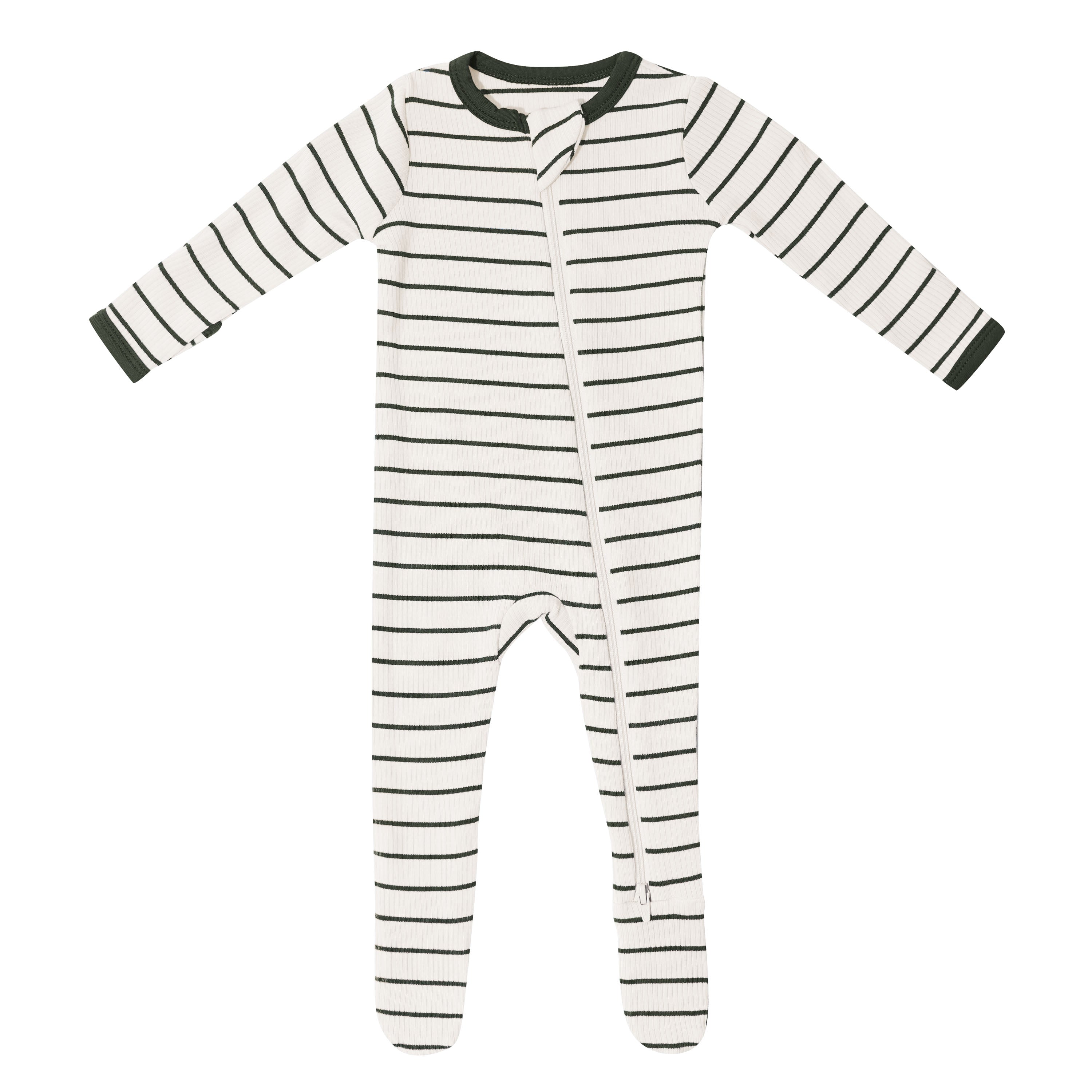 Product photo of the Ribbed Zipper Footie in Fir Stripe