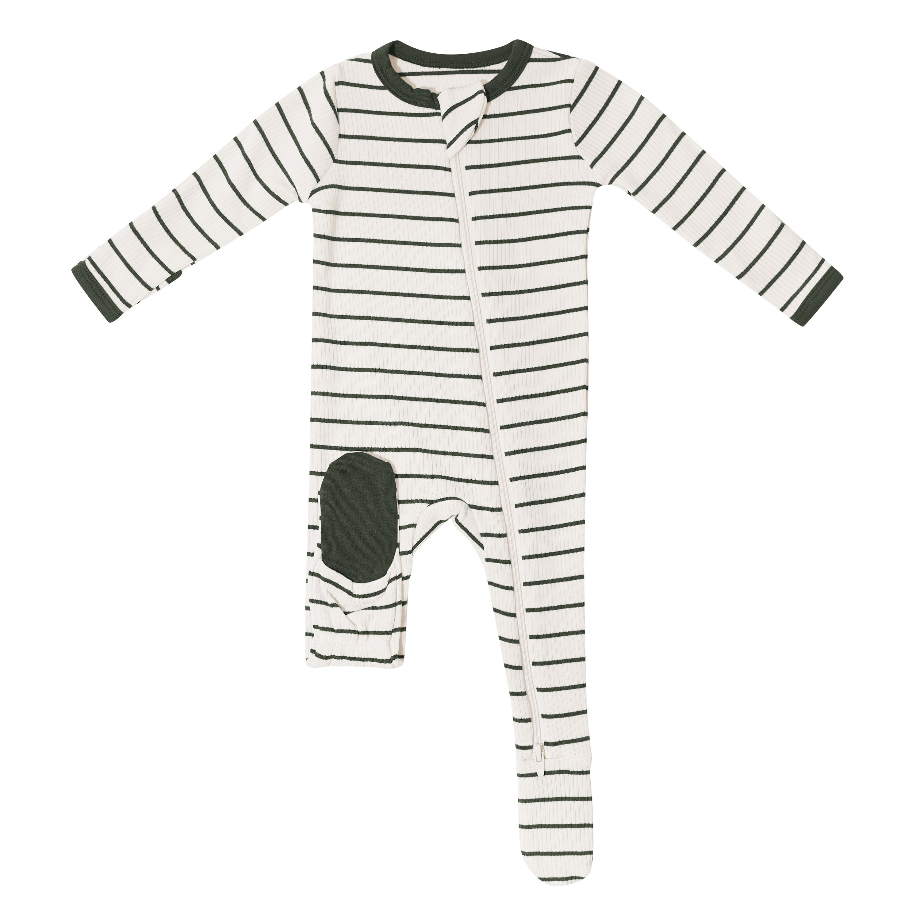 Ribbed Zipper Footie in Fir Stripe showing the dark green foot pad