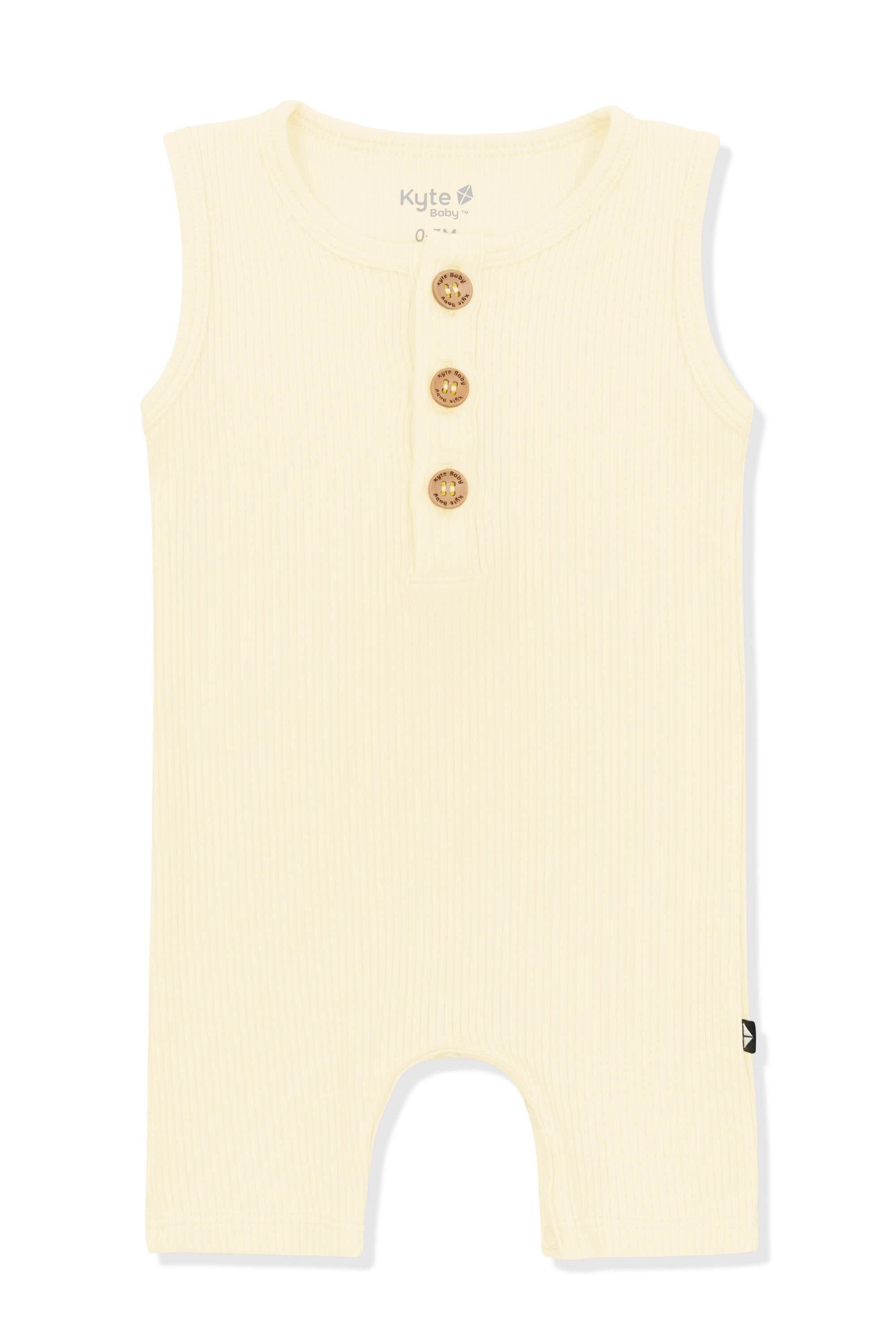 Product photo of the Ribbed Sleeveless Shortall in Chamomile on a white surface
