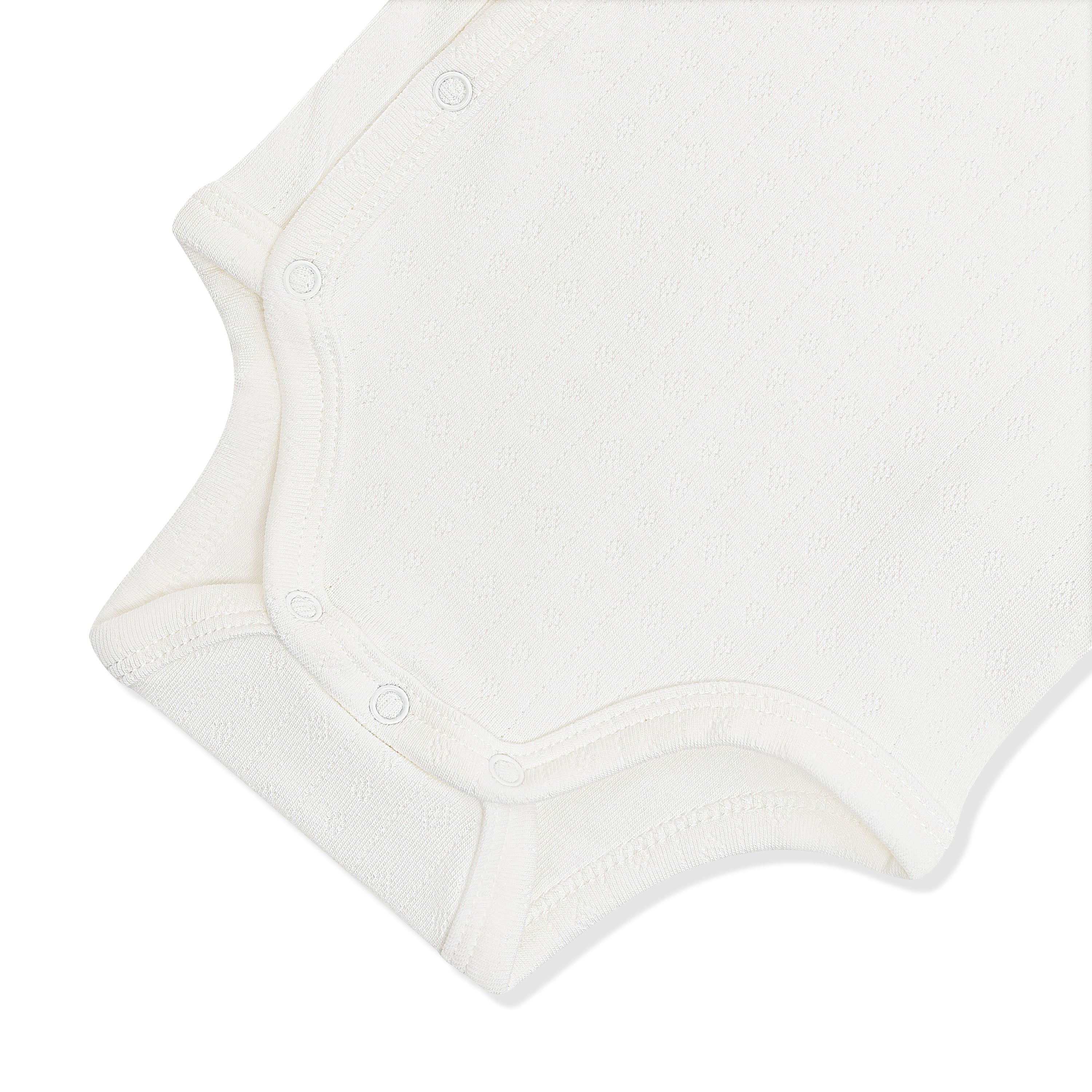 Close up of the snap closures on the inseam of the Pointelle Kimono Bodysuit in Cloud