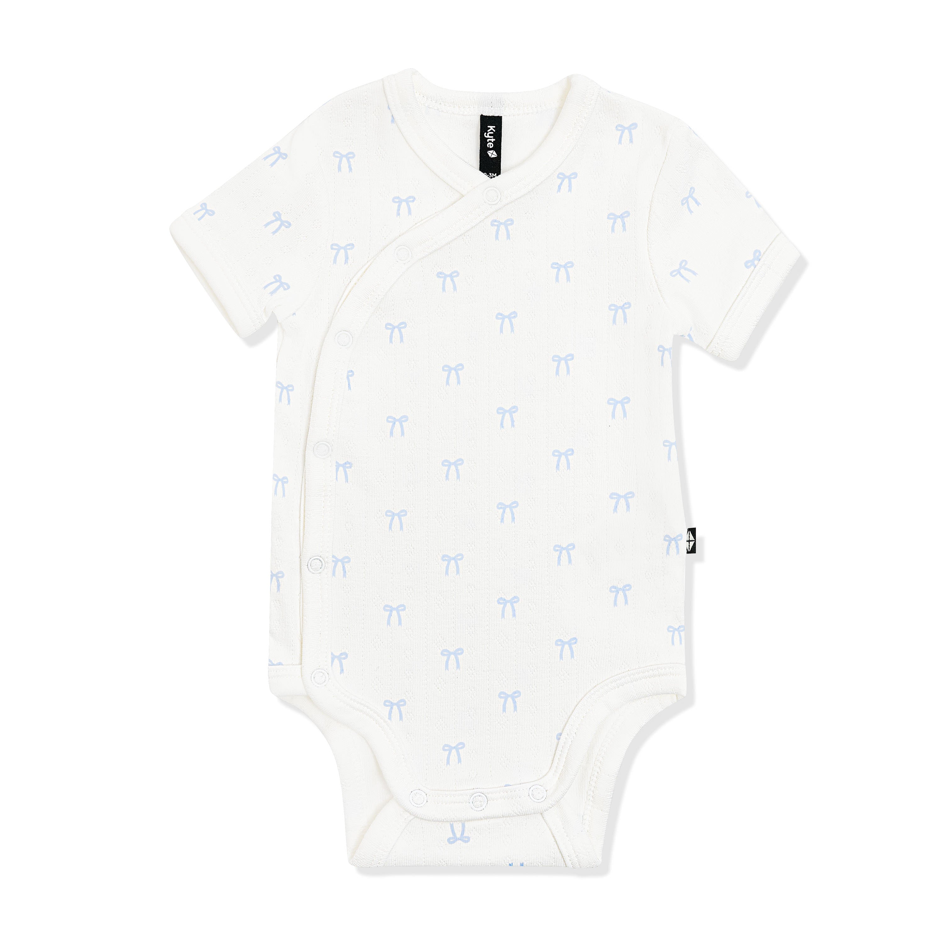Pointelle Kimono Bodysuit in Sweet Blue Bow on a white surface