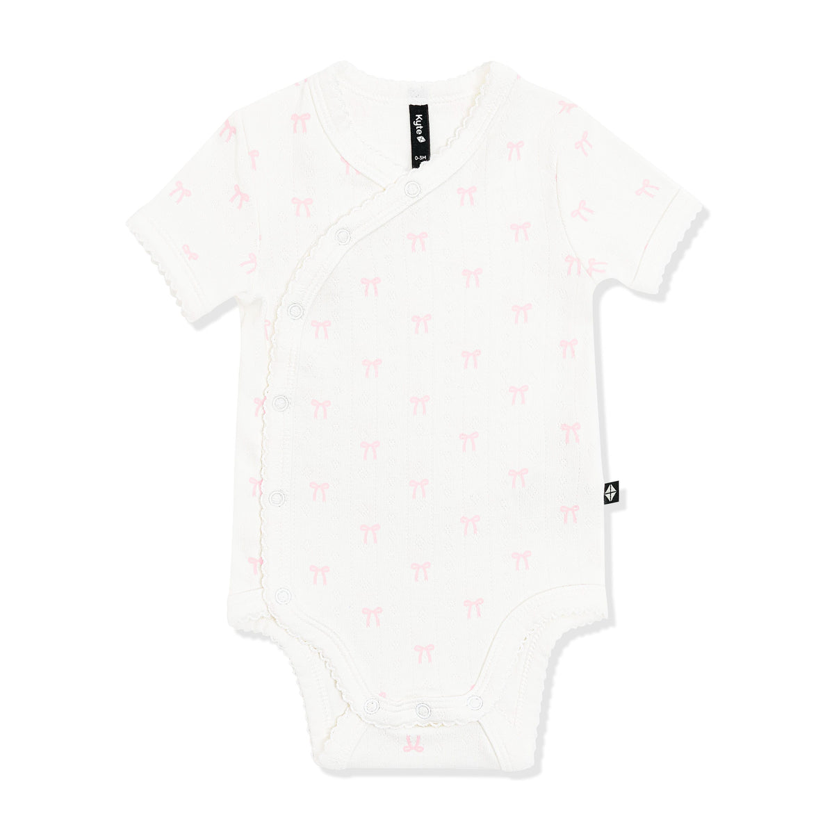 Pointelle Kimono Bodysuit in Sweet Pink Bow with picot trim shown on a white surface