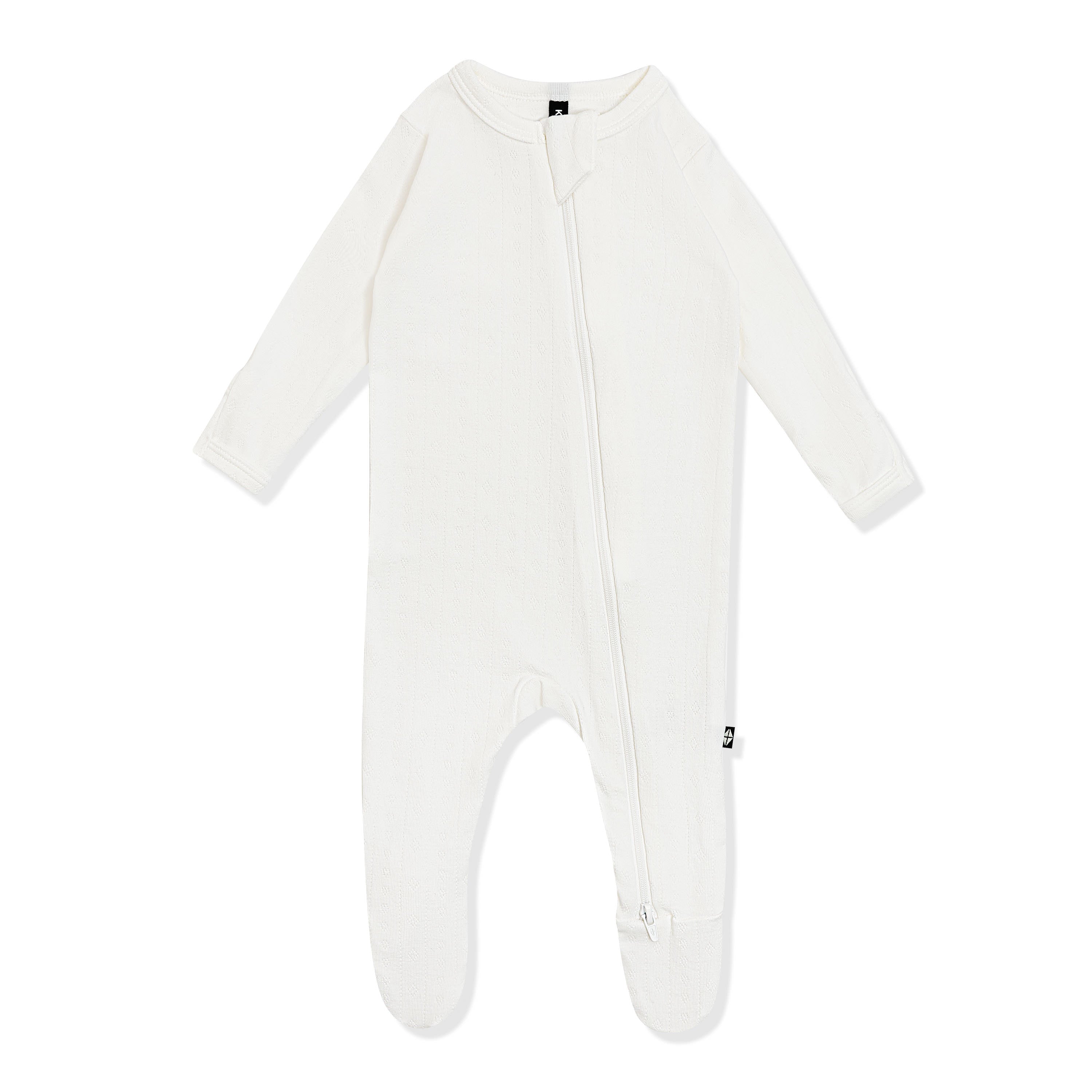 Pointelle Zippered Footie in Cloud on a white surface