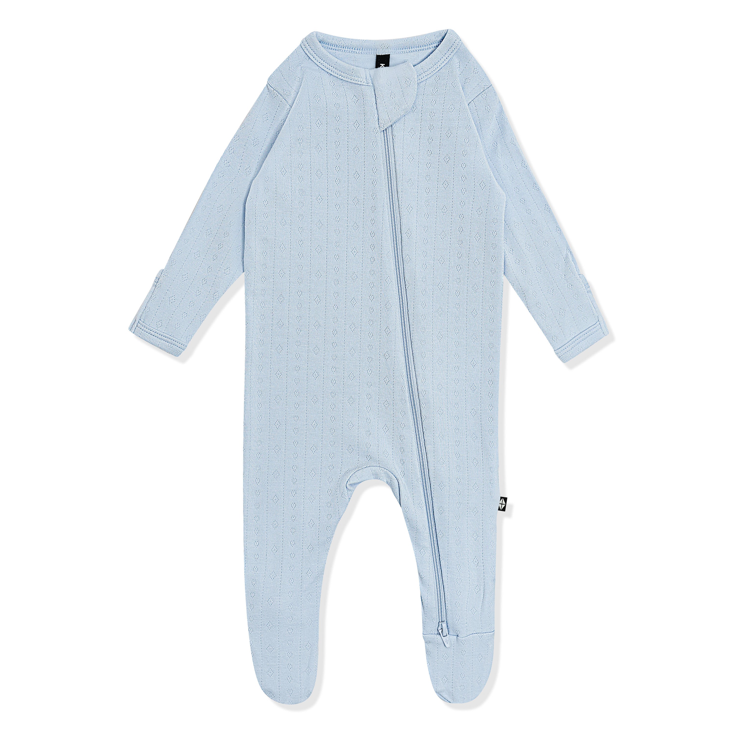 Pointelle Zippered Footie in Breeze on a white surface