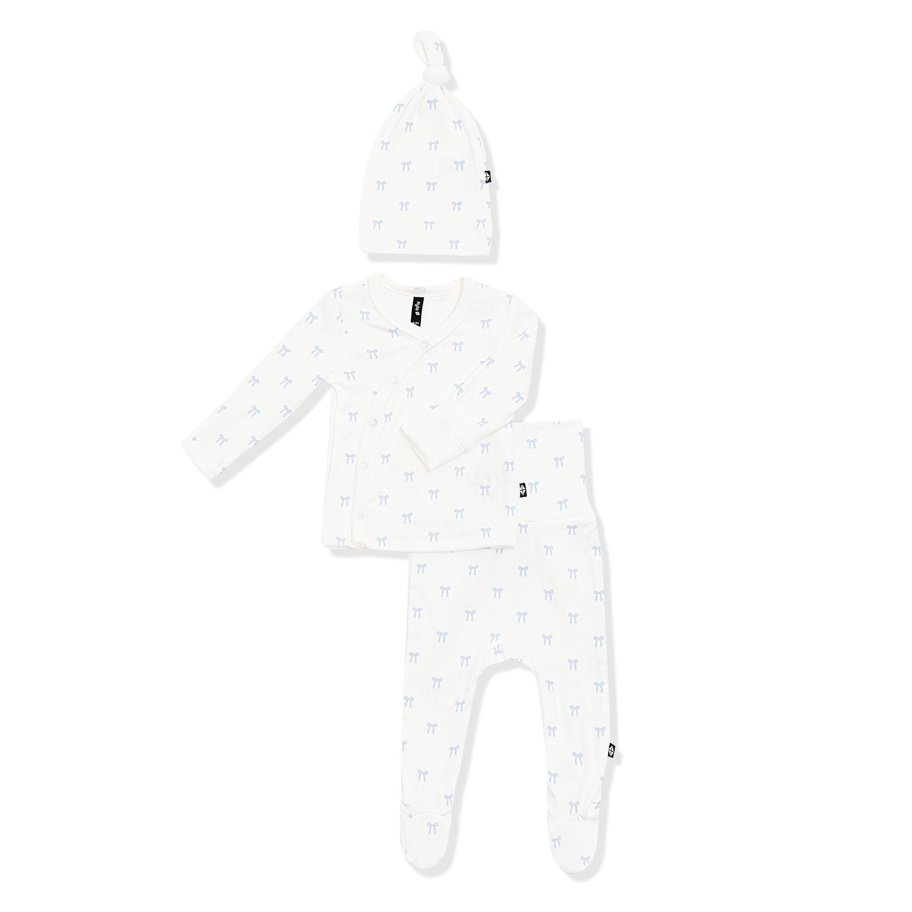 Product photo of the Pointelle Take Me Home Set with Cap in Sweet Blue Bow on a white background