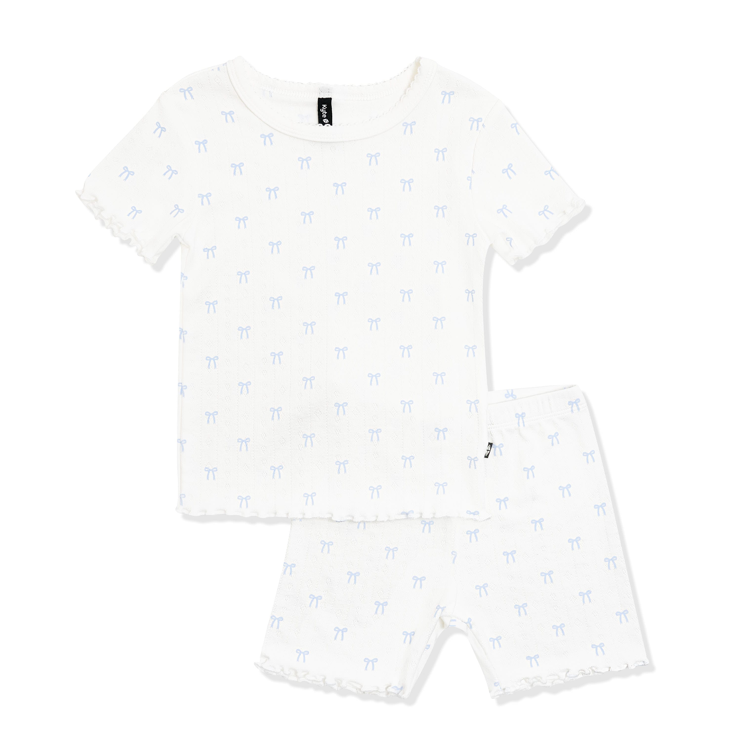 Pointelle Short Sleeve Set in Sweet Blue Bow showing the picot neck trim and lettuce arm and leg edges