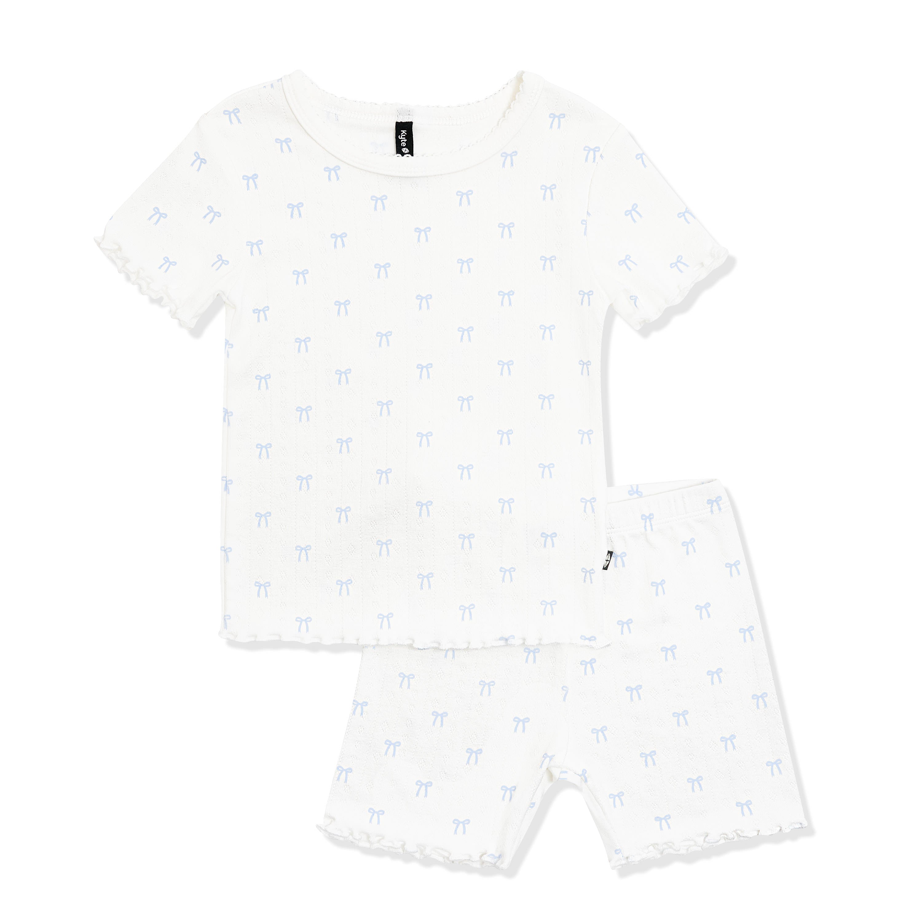 Pointelle Short Sleeve Set in Sweet Blue Bow showing the picot neck trim and lettuce arm and leg edges
