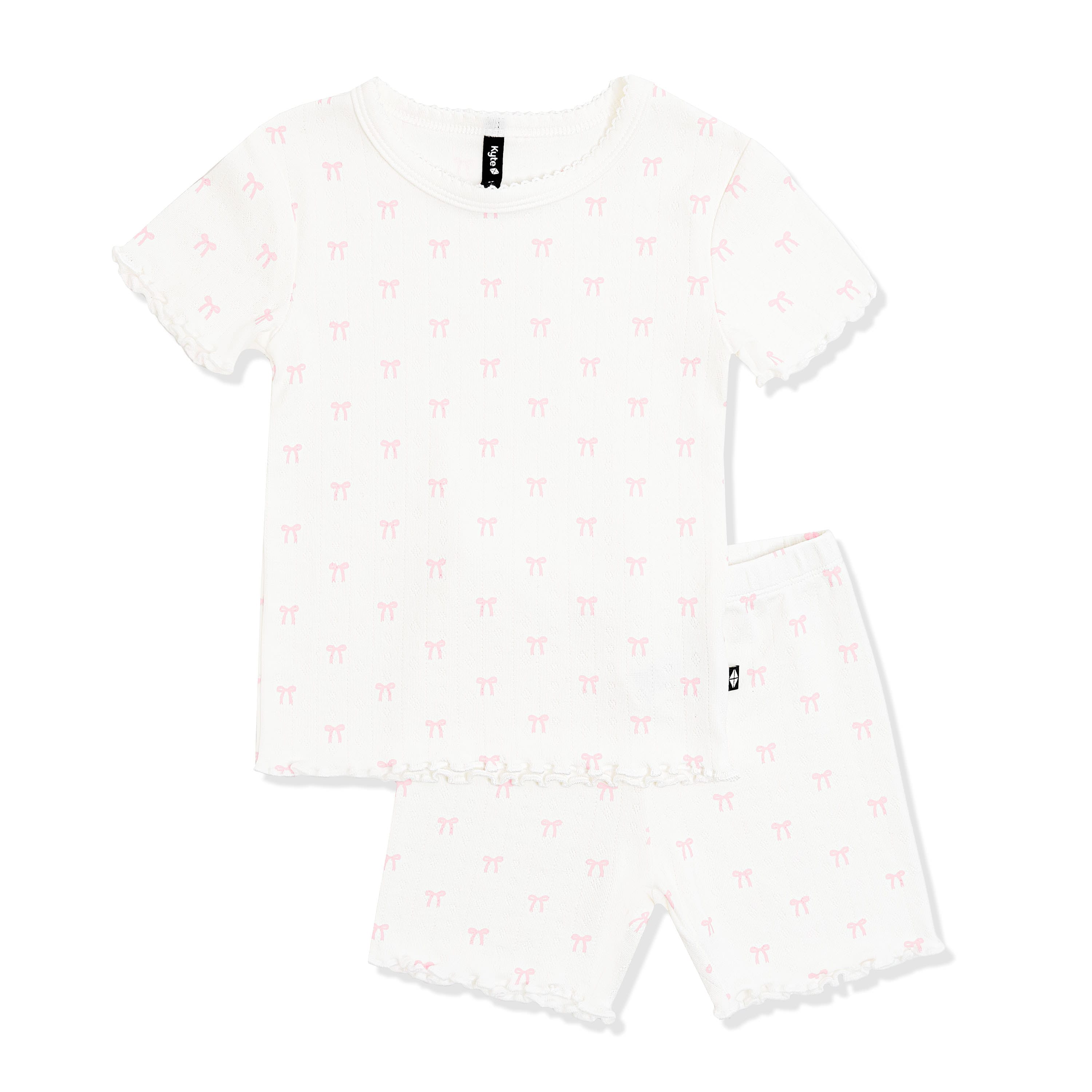 Pointelle Short Sleeve Set in Sweet Pink Bow showing the picot trim and the lettuce arm and leg edges