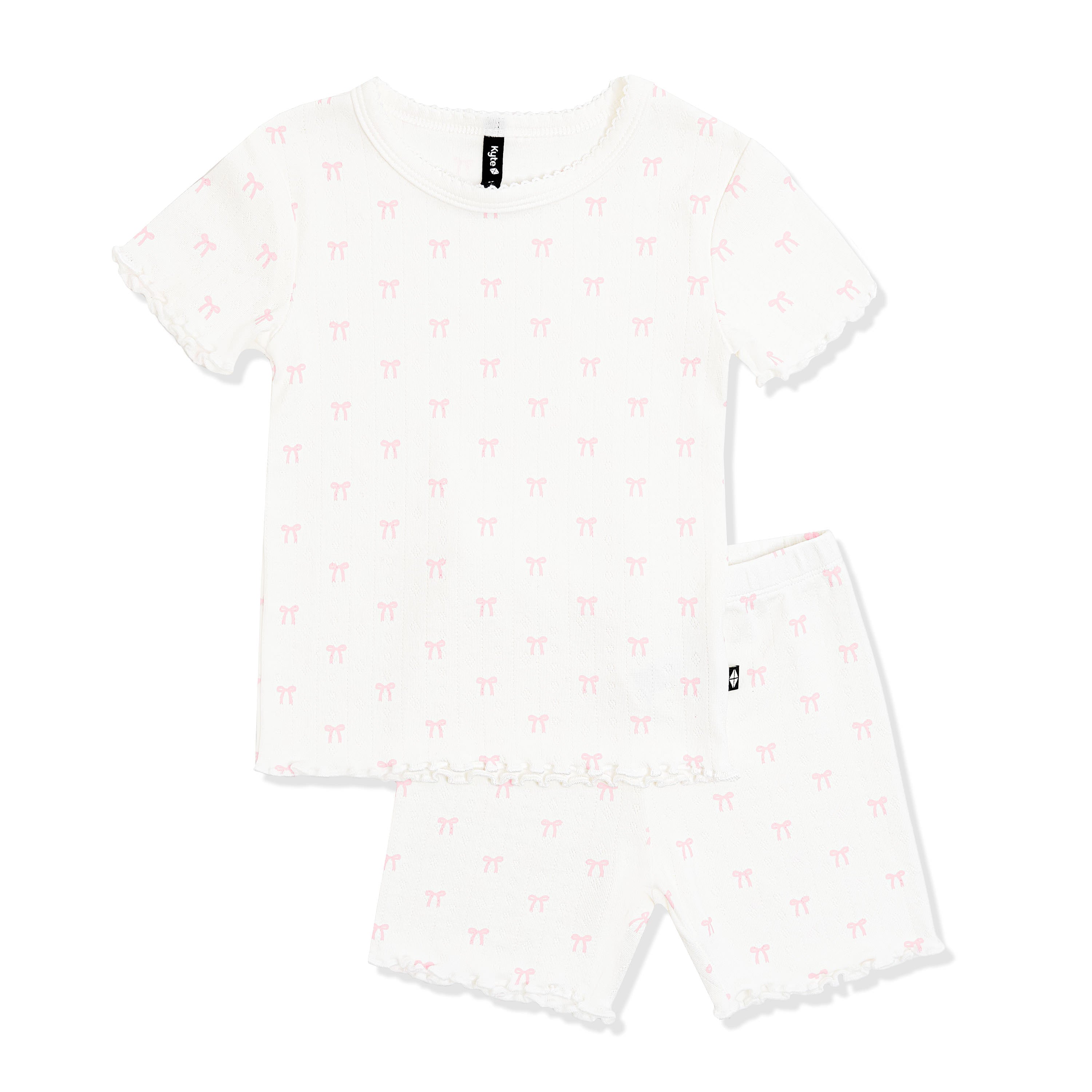 Pointelle Short Sleeve Set in Sweet Pink Bow showing the picot trim and the lettuce arm and leg edges