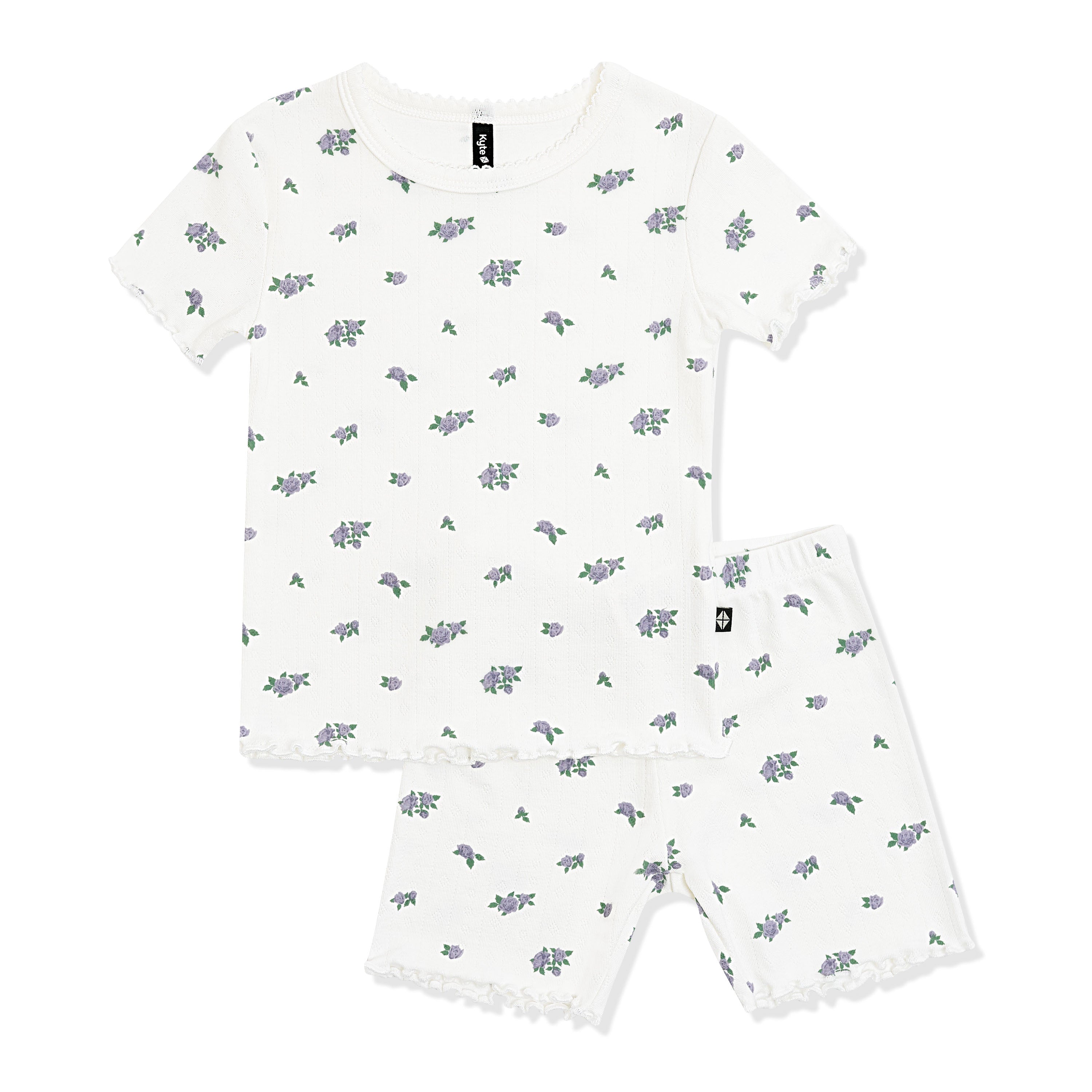 Pointelle Short Sleeve Set in Spray Rose showing the picot neck trim and lettuce arm and leg edges