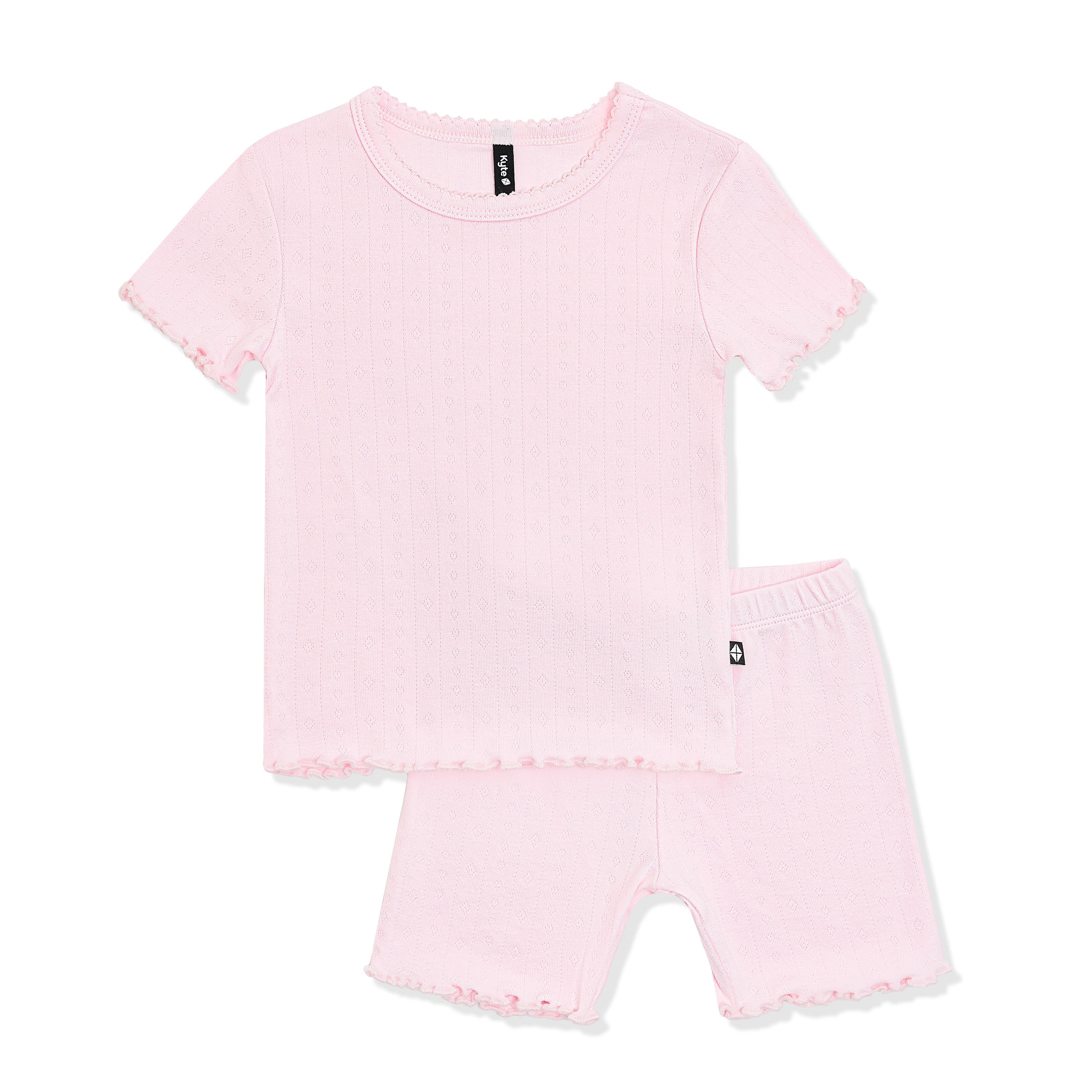 Pointelle Short Sleeve Set in Sakura showing the picot trim neck trim and lettuce arm and leg edges