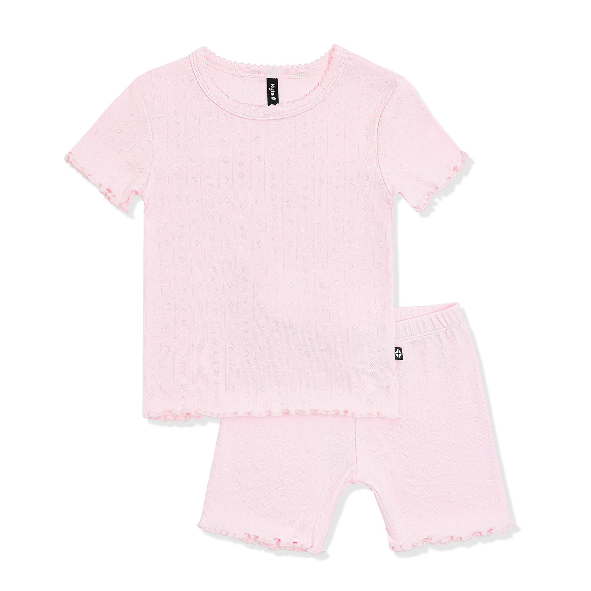 Pointelle Short Sleeve Set in Sakura showing the picot trim neck trim and lettuce arm and leg edges