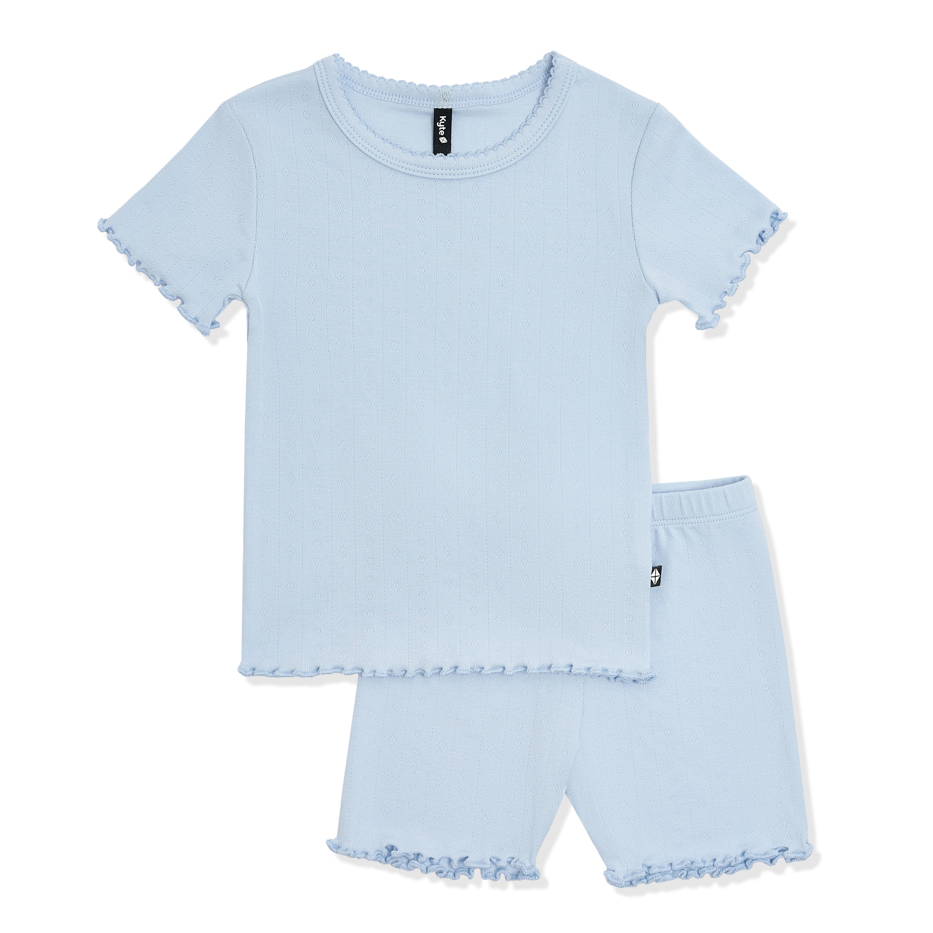 Pointelle Short Sleeve Set in Breeze showing the picot neck trim and lettuce arm and leg edges