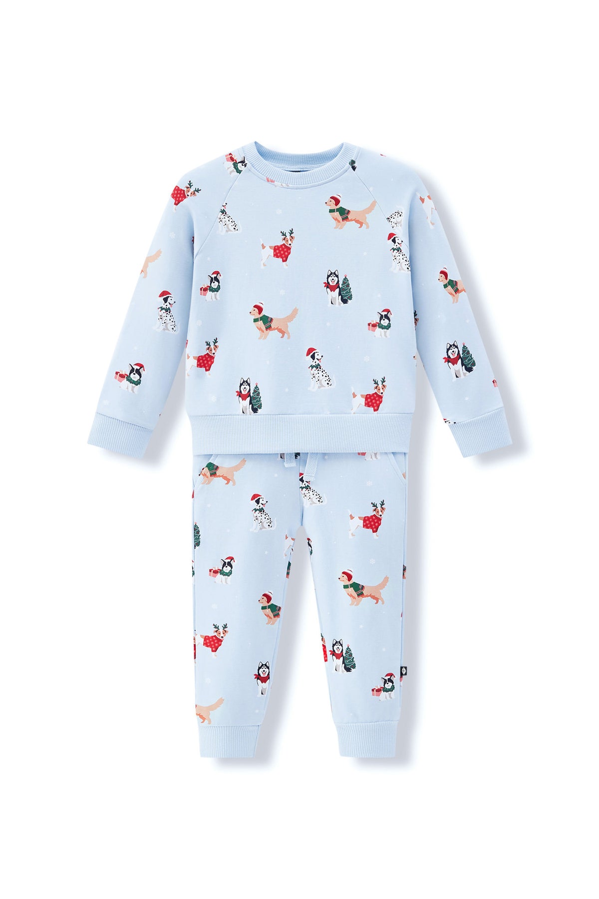 Blue Long Sleeve Jogger Set in Holiday Pups print on a white background