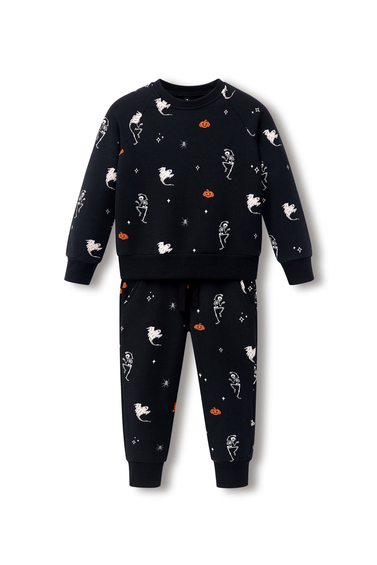 Black Long Sleeve Jogger Set in Halloween Friends print on a white background
