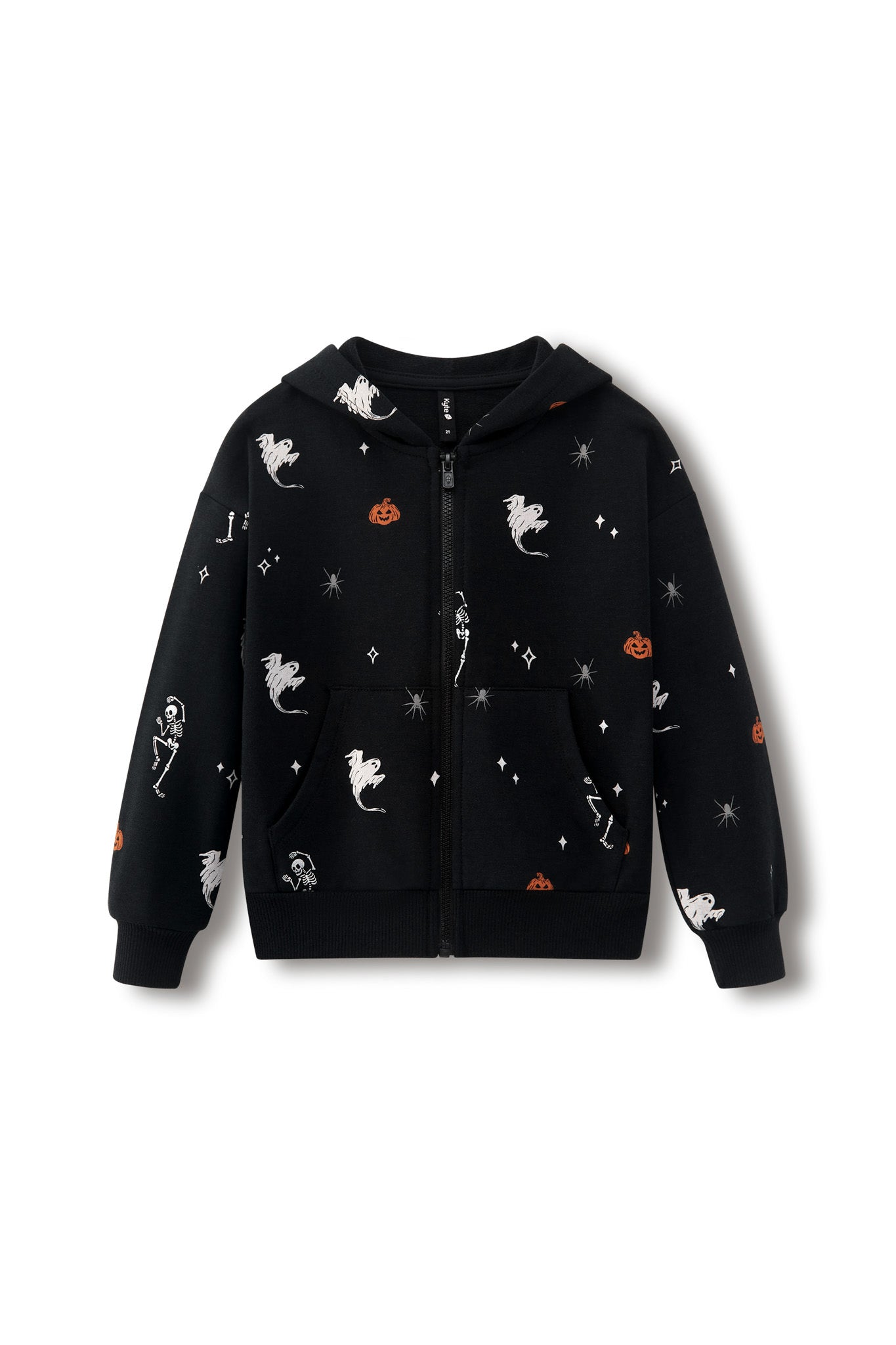 Black Zip-Up Hoodie in Halloween Friends print on a white background