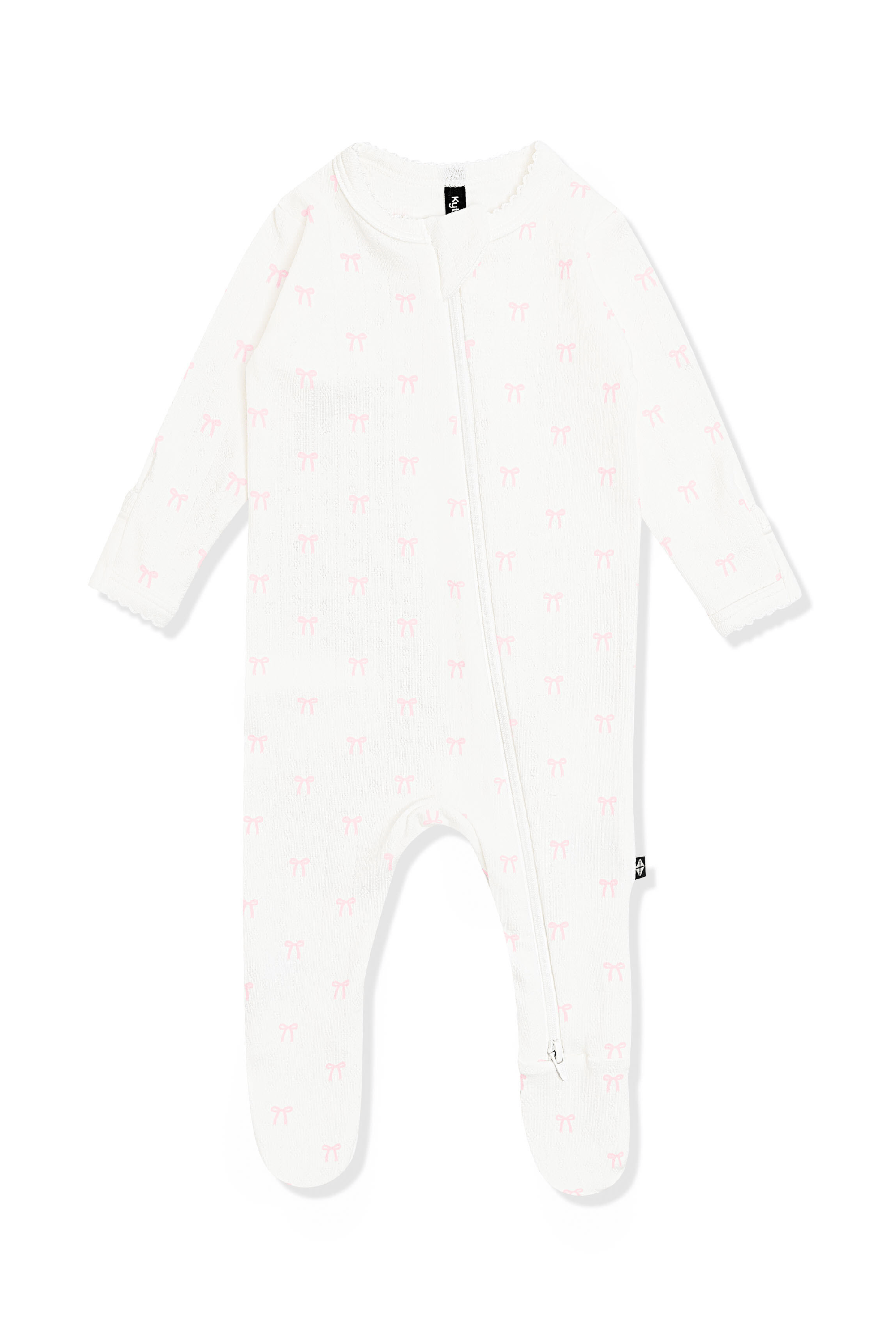 Pointelle Zippered Footie in Sweet Pink Bow with the picot trim on a white surface