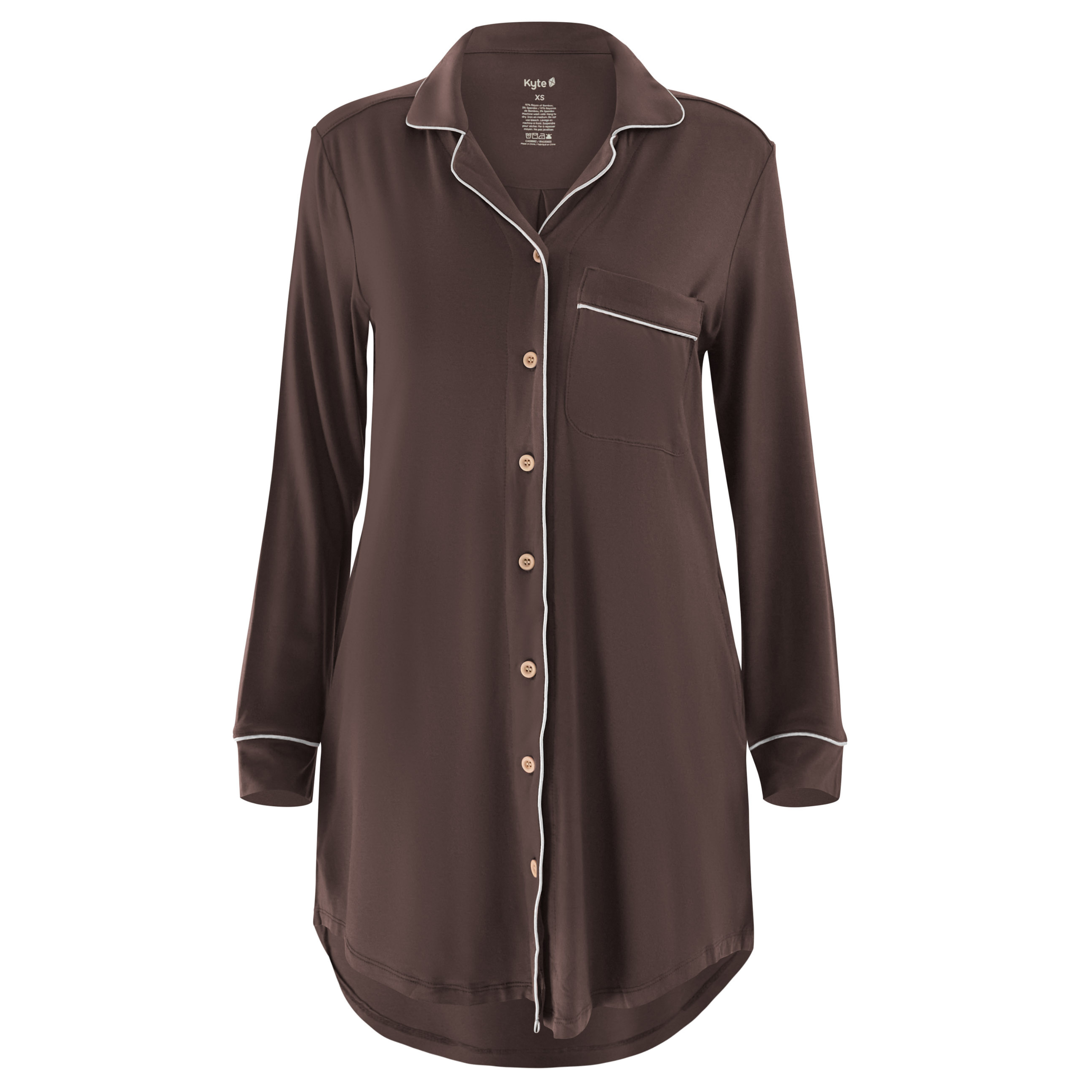 Brown nightshirt with white piping on a white background