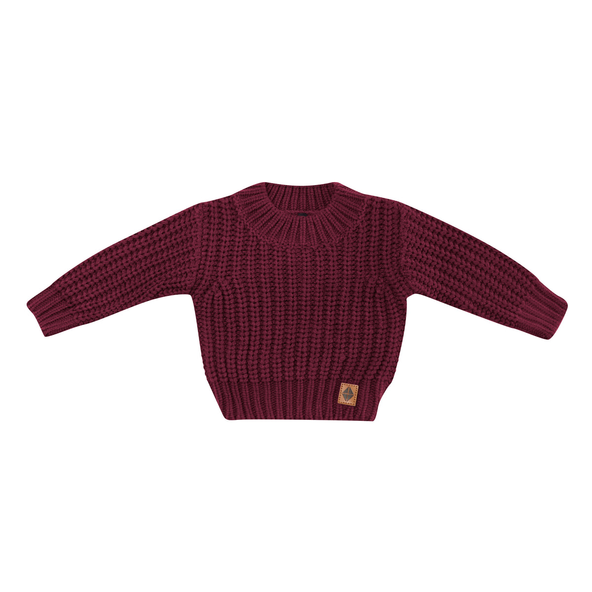 Product photo of the Chunky Knit Sweater in Burgundy with Kyte Baby vegan leather tag visible