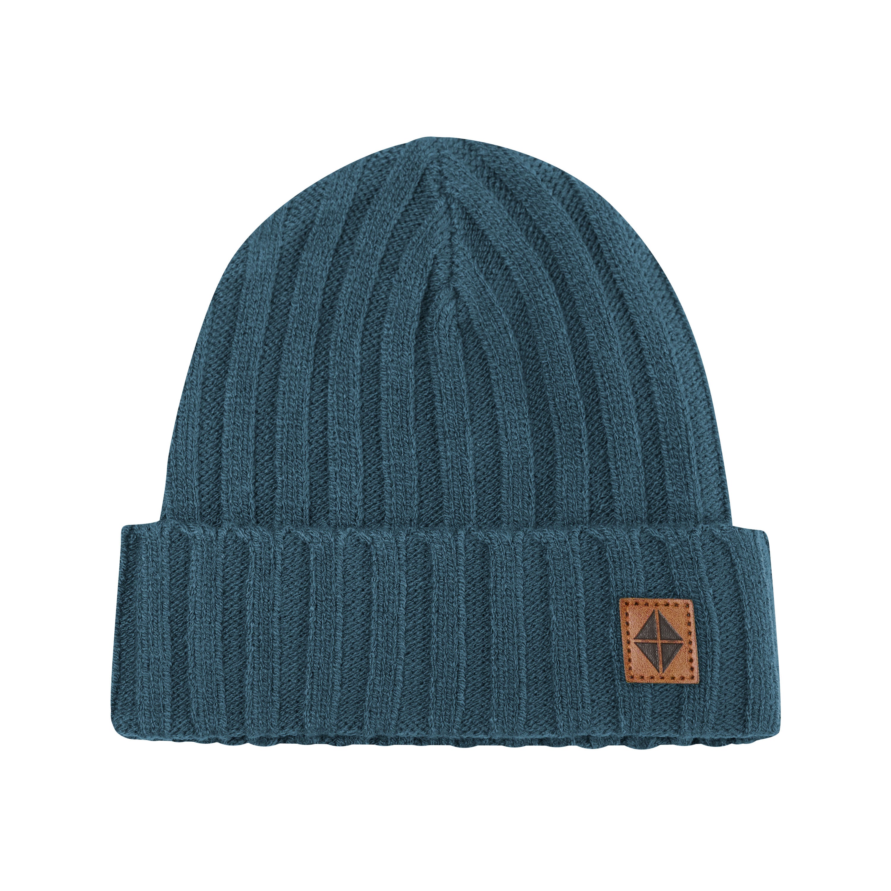 Product photo of the Chunky Knit Ribbed Beanie in Atlantic with the Kyte Baby vegan leather tag visible