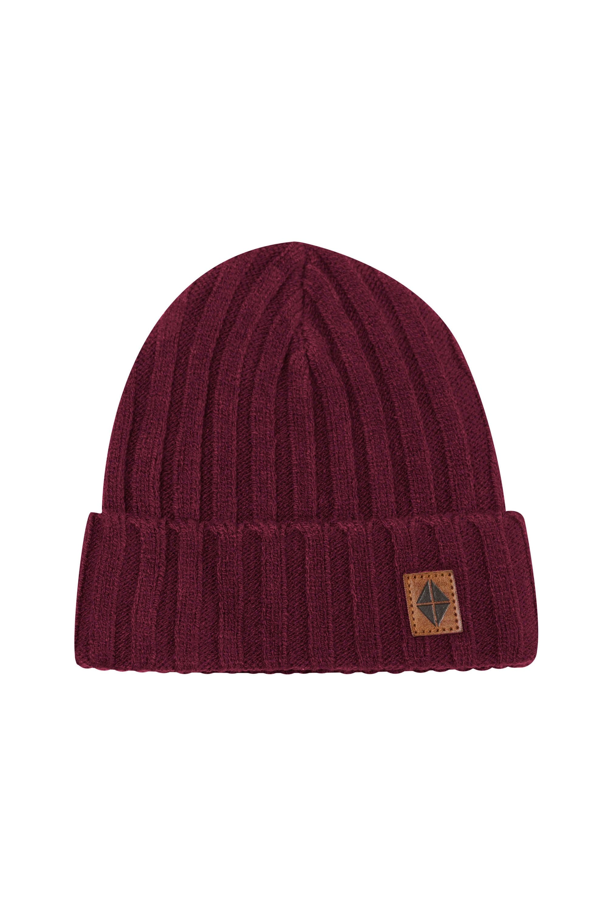 Product photo of the Chunky Knit Ribbed Beanie in Burgundy with the Kyte Baby Vegan leather tag visible