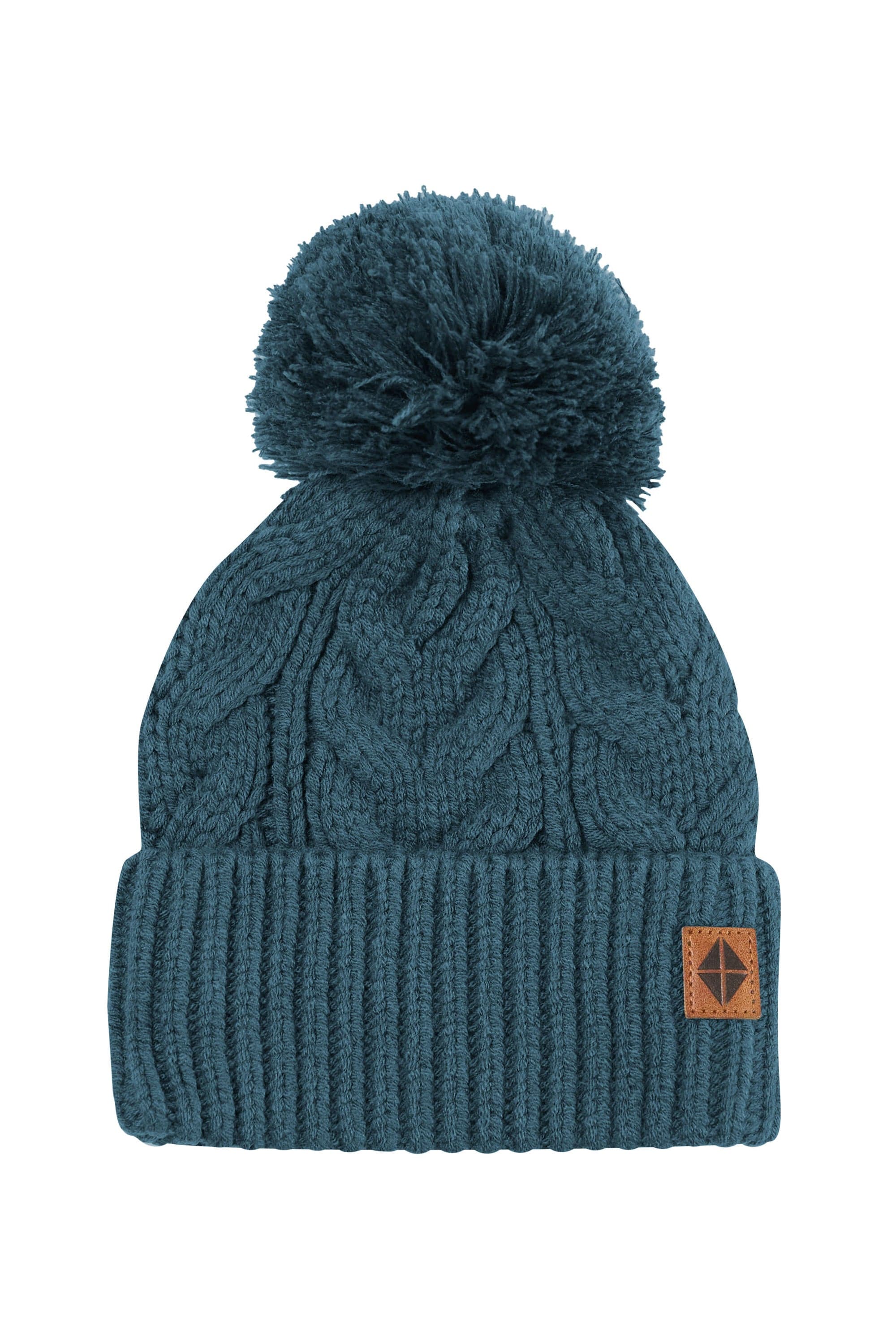 Product photo of the Chunky Cable Knit Beanie in Atlantic with the Kyte Baby vegan leather tag visible