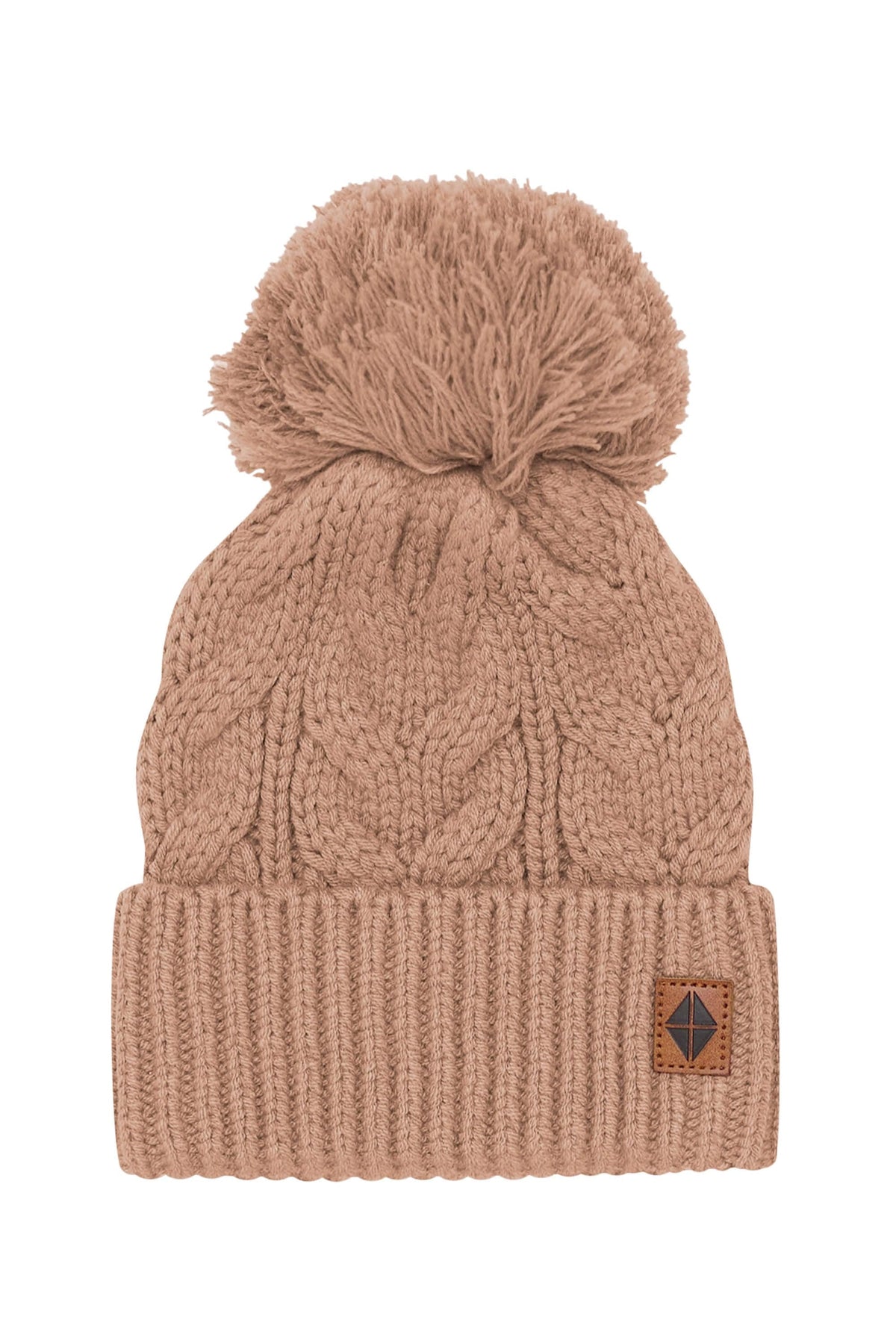 Product photo of the Chunky Cable Knit Beanie in Latte with the Kyte Baby vegan leather tag visible