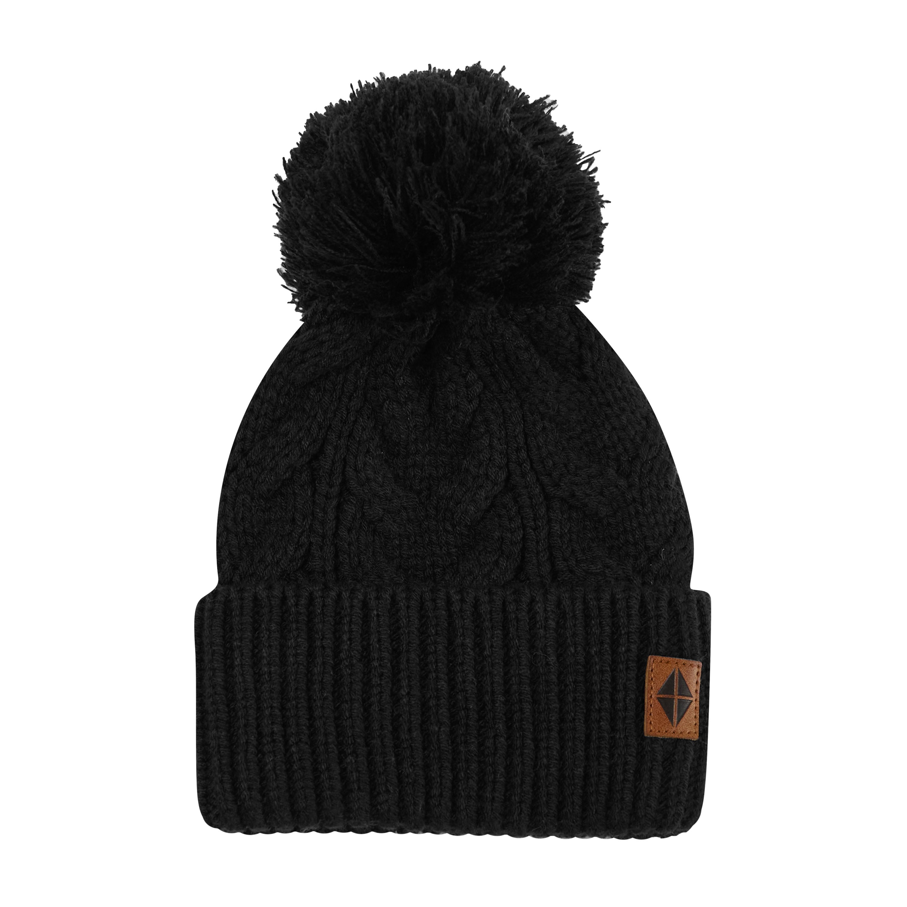 Product photo of the Chunky Cable Knit Beanie in Midnight with the Kyte Baby vegan leather tag visible