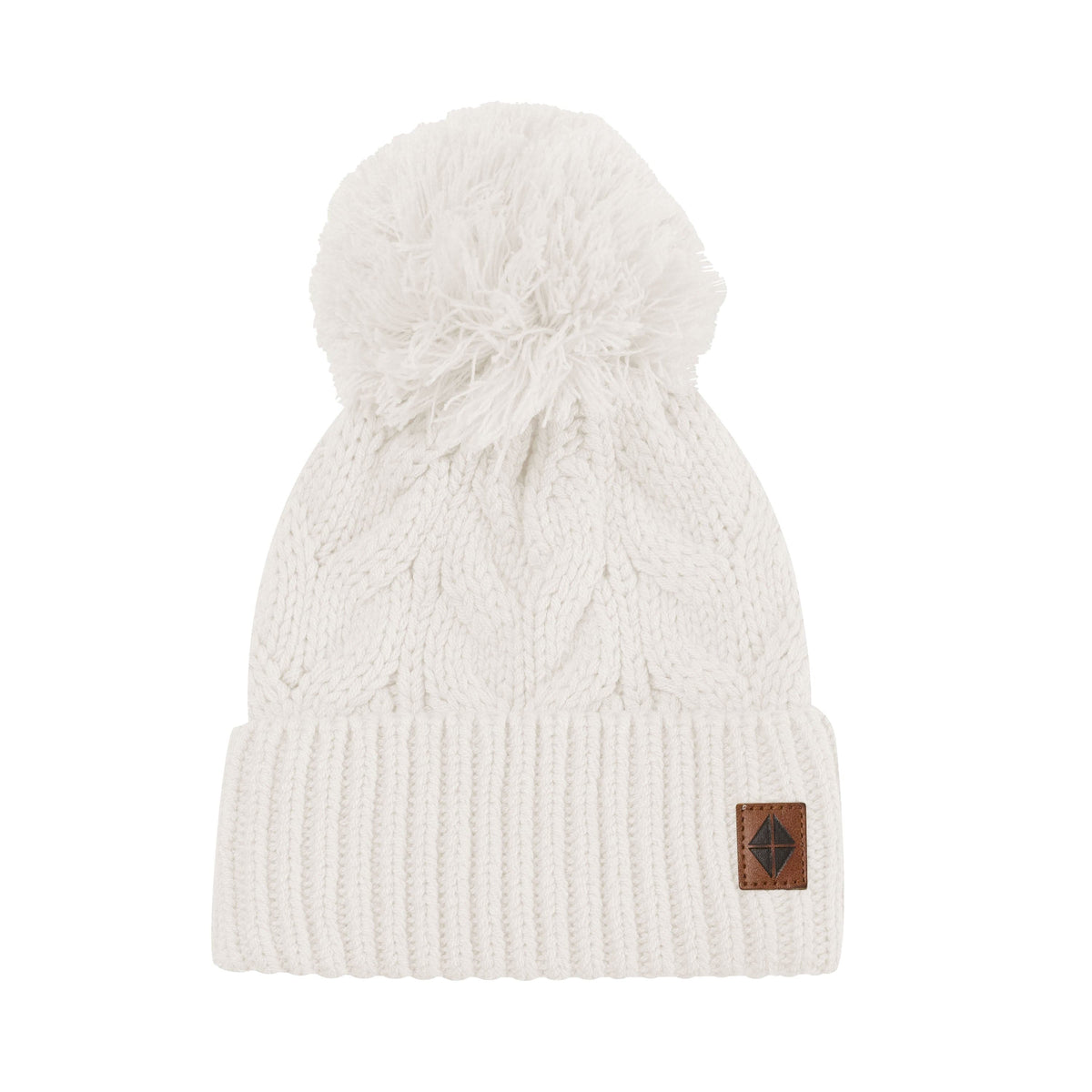 Product photo of the Chunky Cable Knit Beanie in Oat with the Kyte Baby Vegan leather tag visible