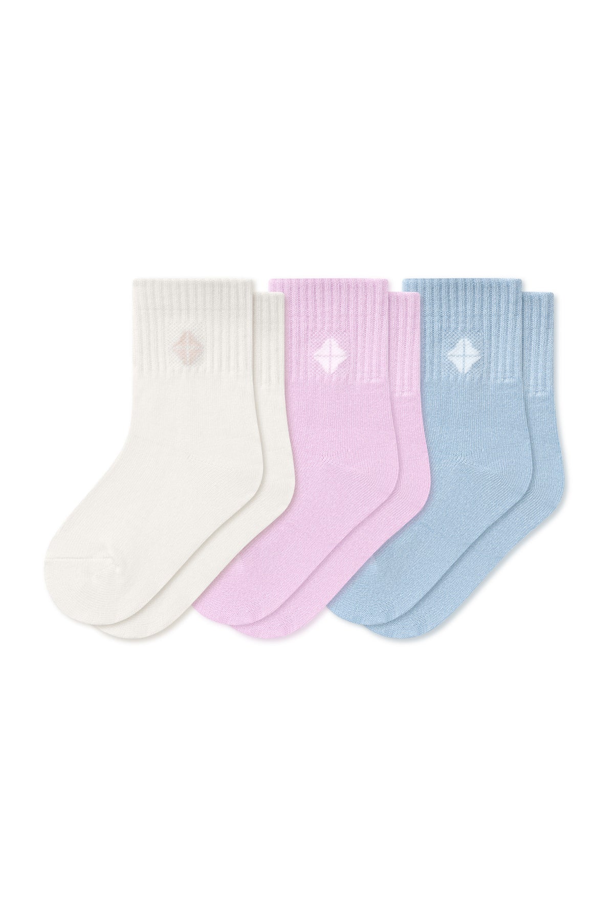 Flat lay in the Crew Socks Combo 3-Pack in Calm showing colors Breeze, Cloud and Thistle shown on a white background