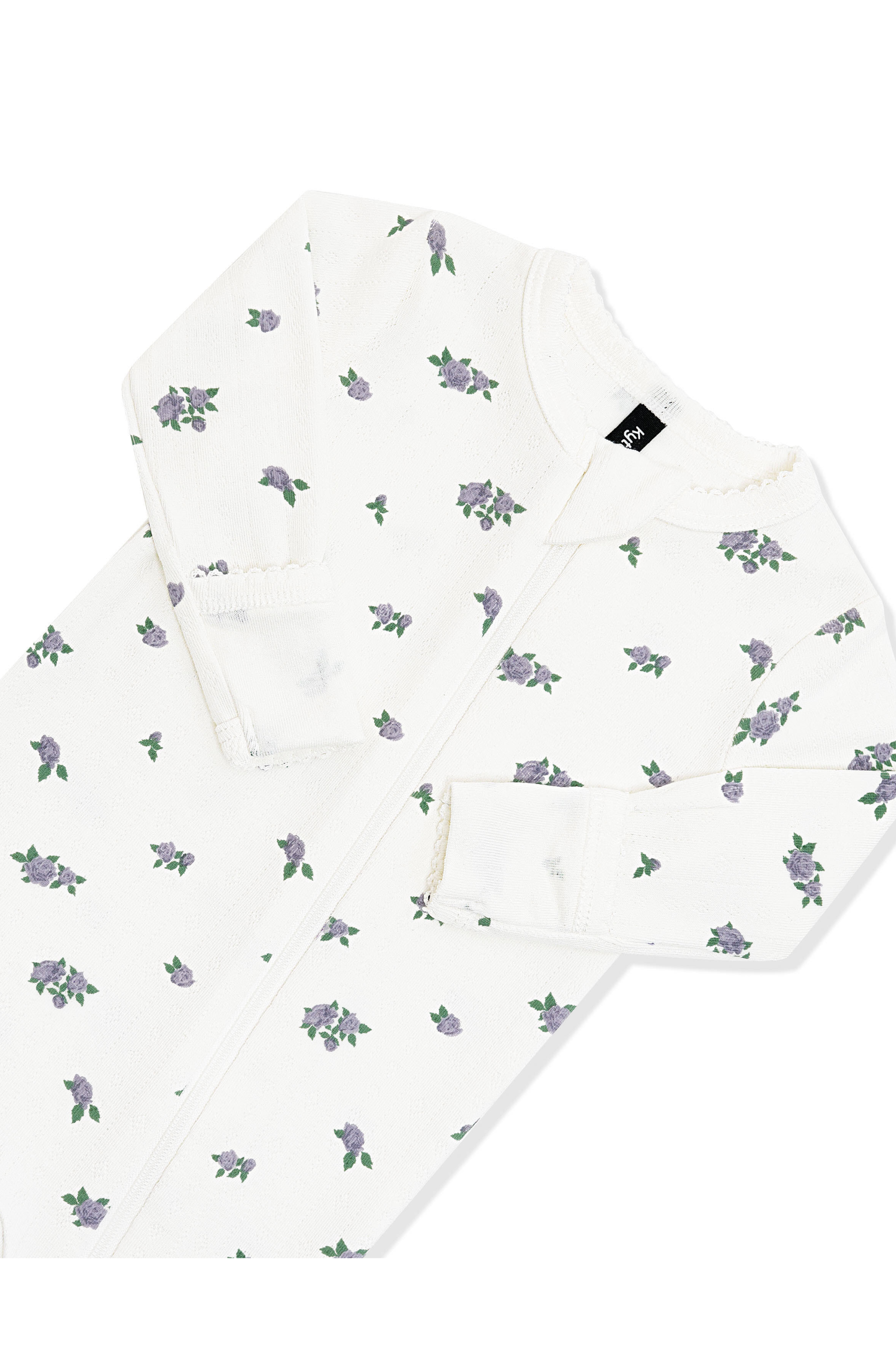 Close up of the picot trim, zipper garage and fold over hand cuffs on the Pointelle Zippered Footie in Spray Rose