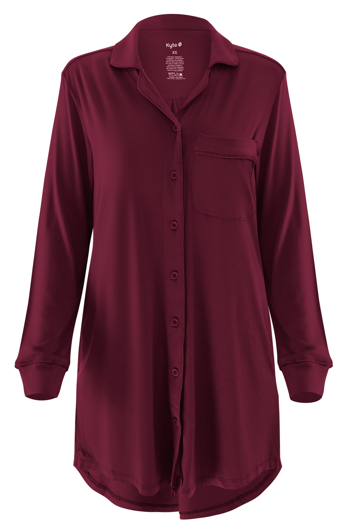 Burgundy night shirt with buttons on a white background