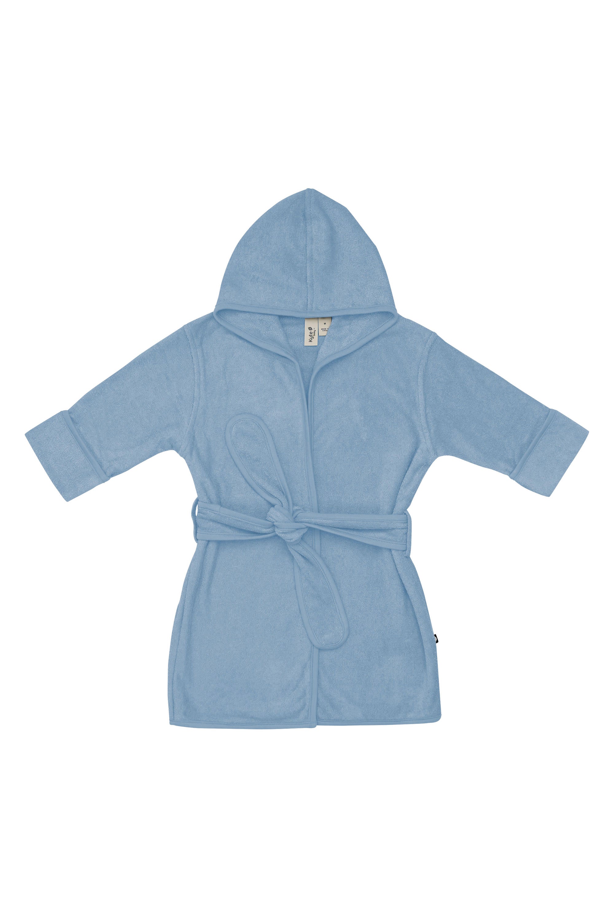 Product photo of the Hooded Bath Robe in Slate shown tied up laying on a white surface