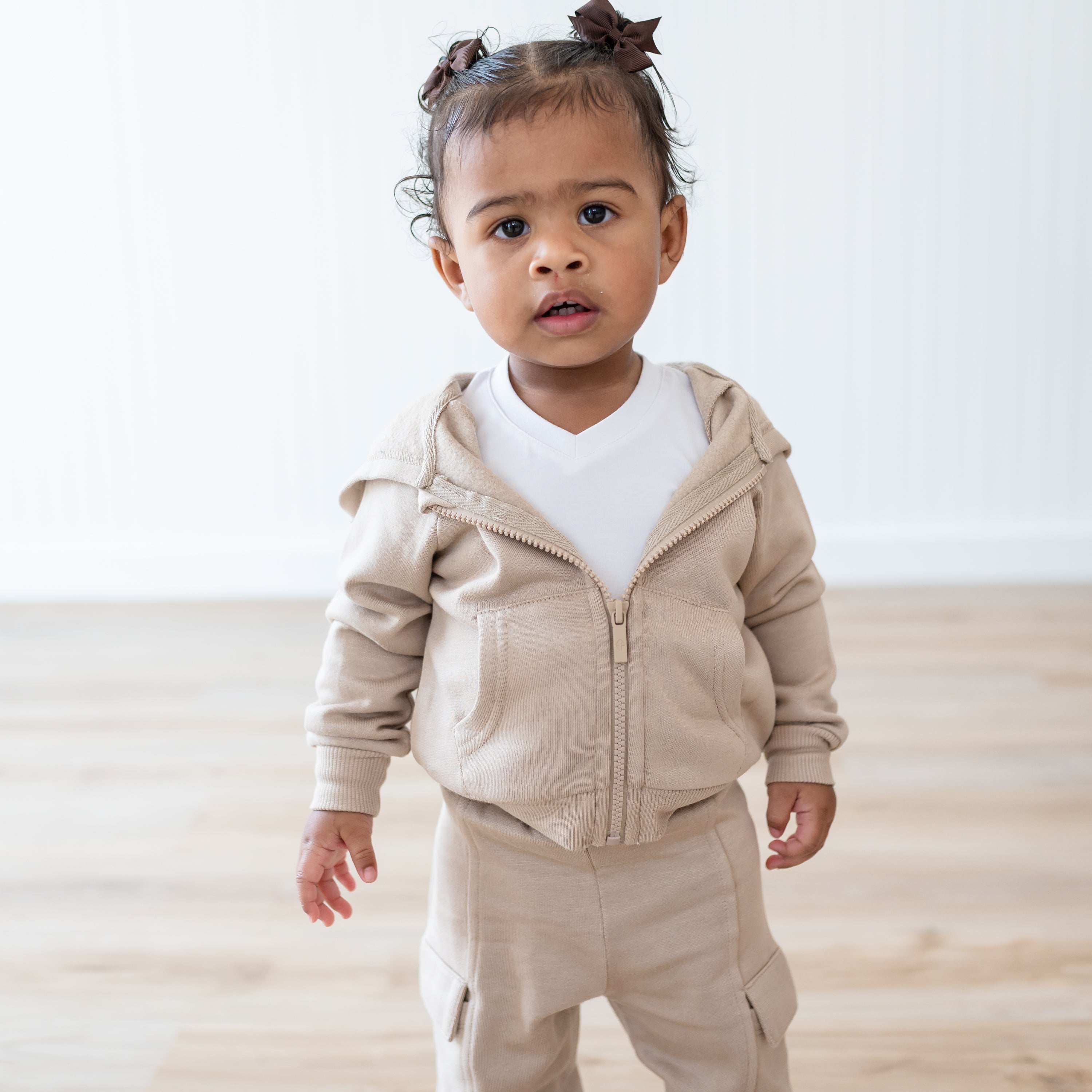 Fleece Zip Up Hoodie in Almond shown on a young toddler