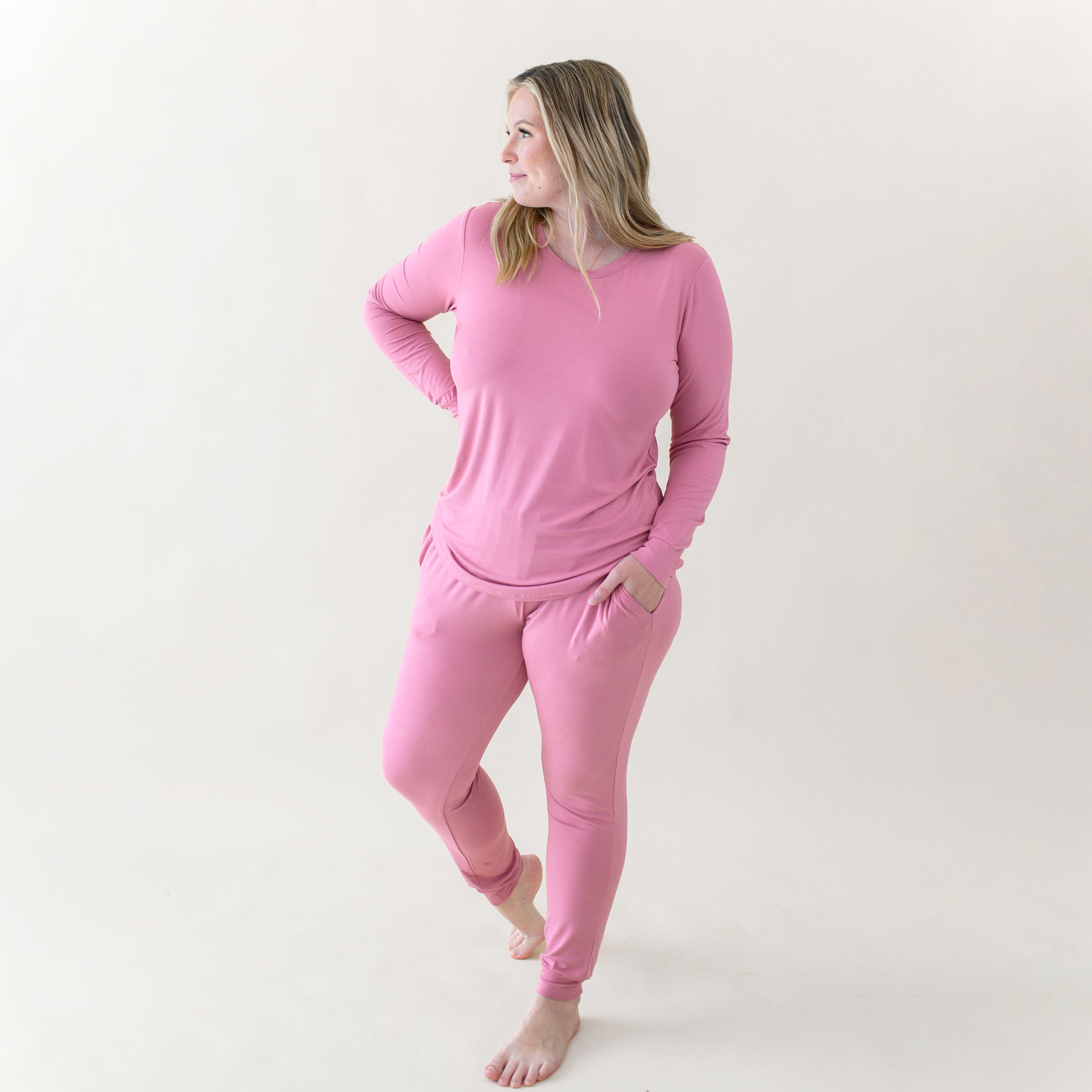 Woman modeling Women's Jogger Pajama Set in Apple Blossom