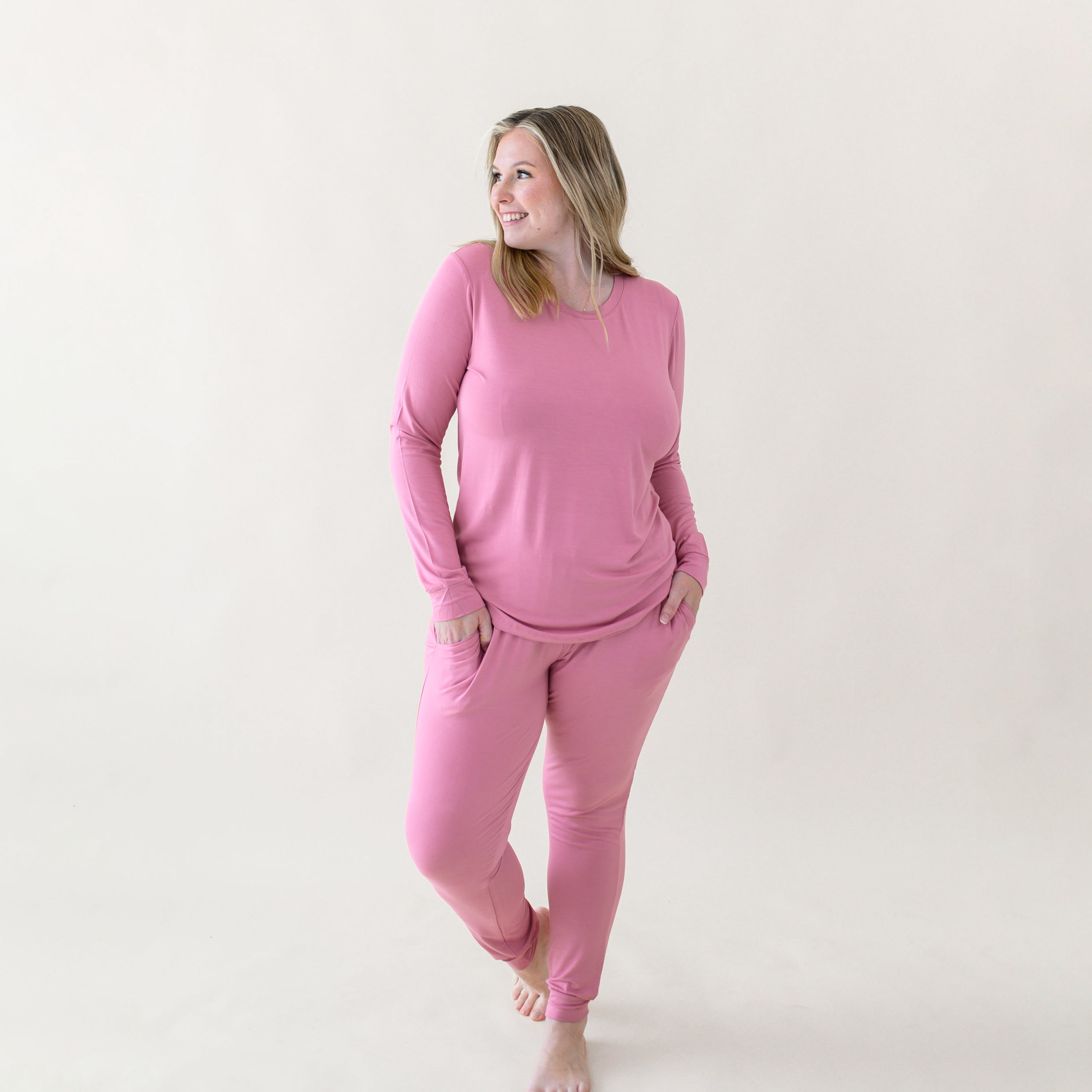 Woman modeling Women's Jogger Pajama Set in Apple Blossom