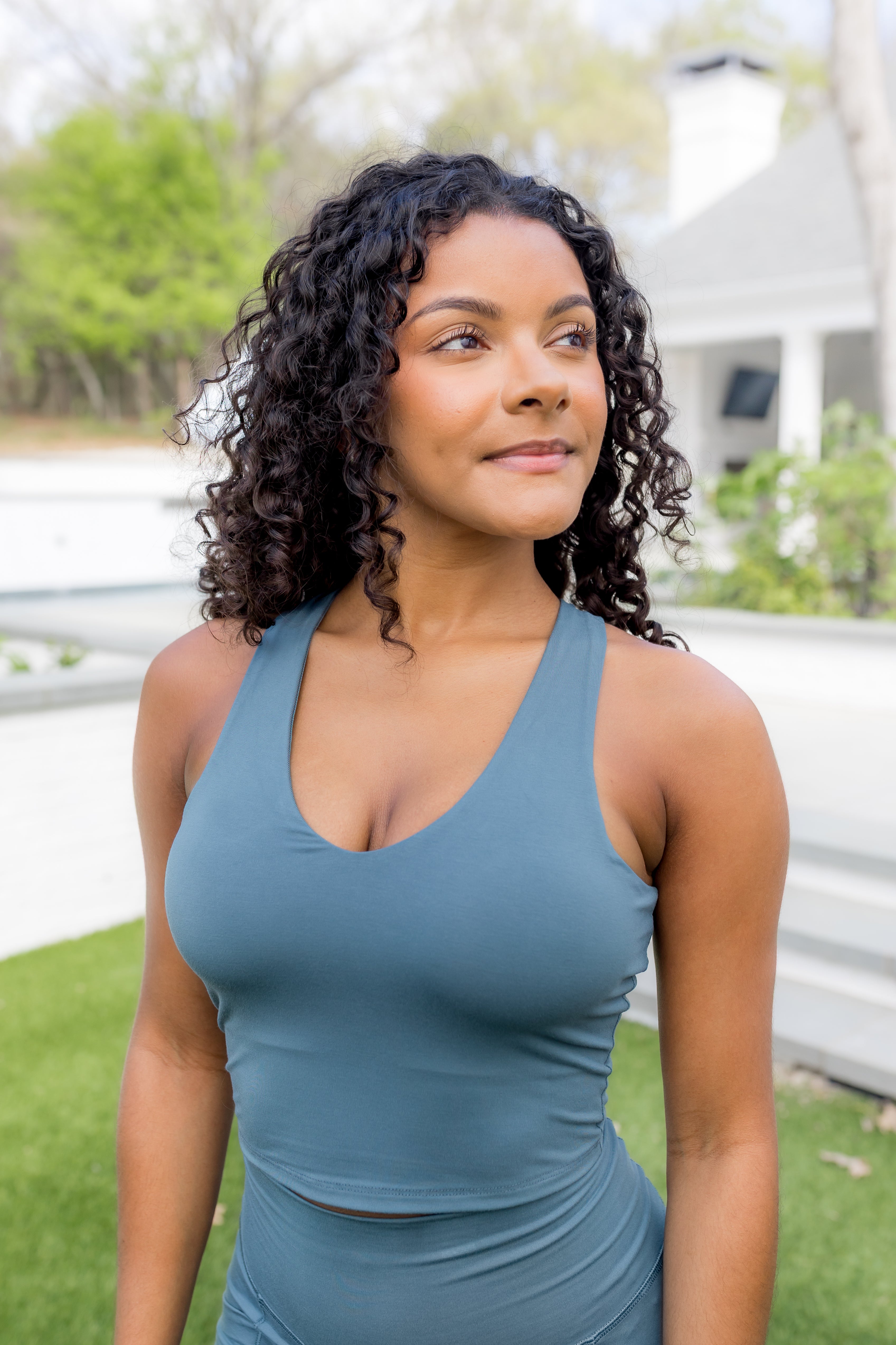 Female modeling the Bamboo Flex Bra Tank in Atlantic