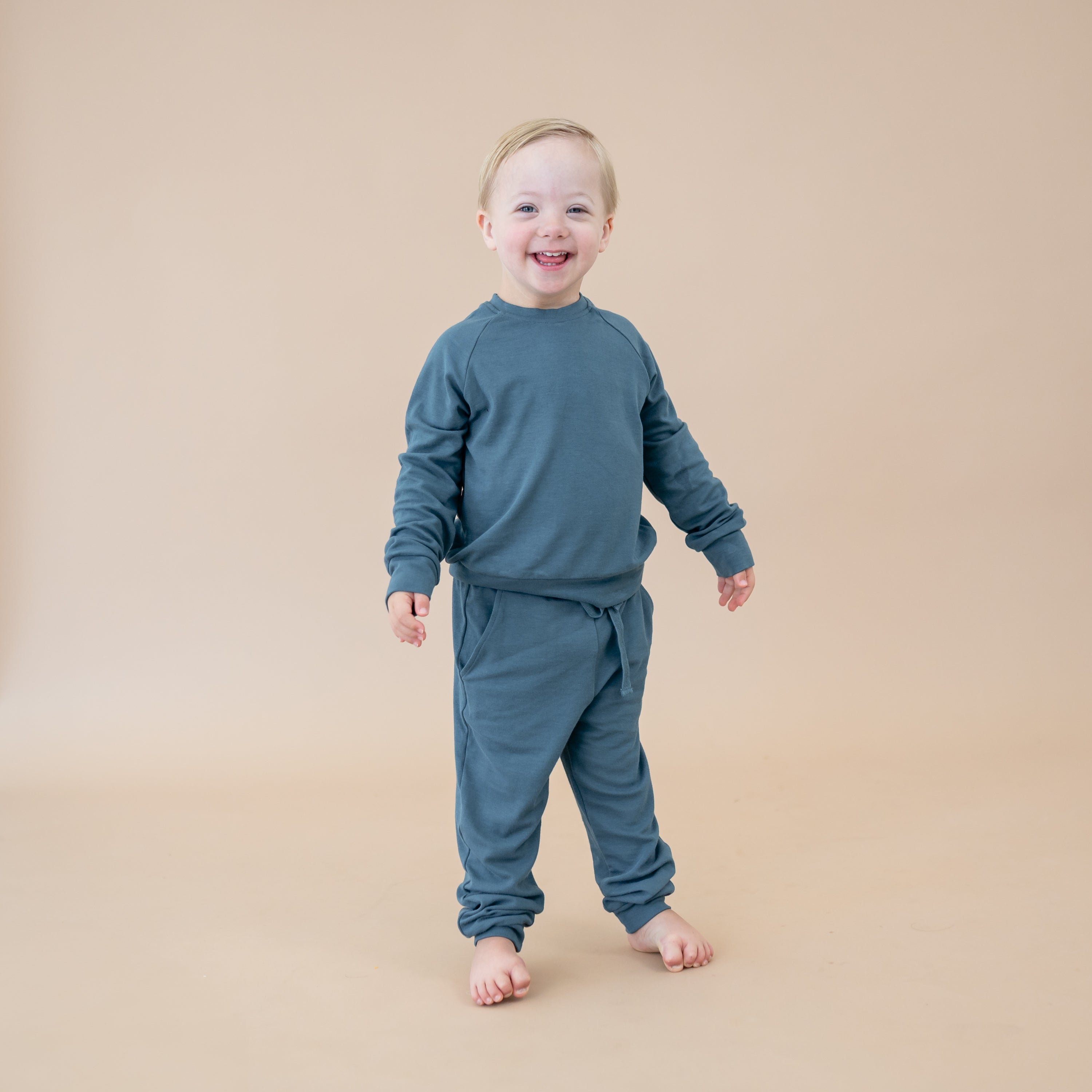 Child wearing Bamboo Jersey Kids Jogger Set in Atlantic