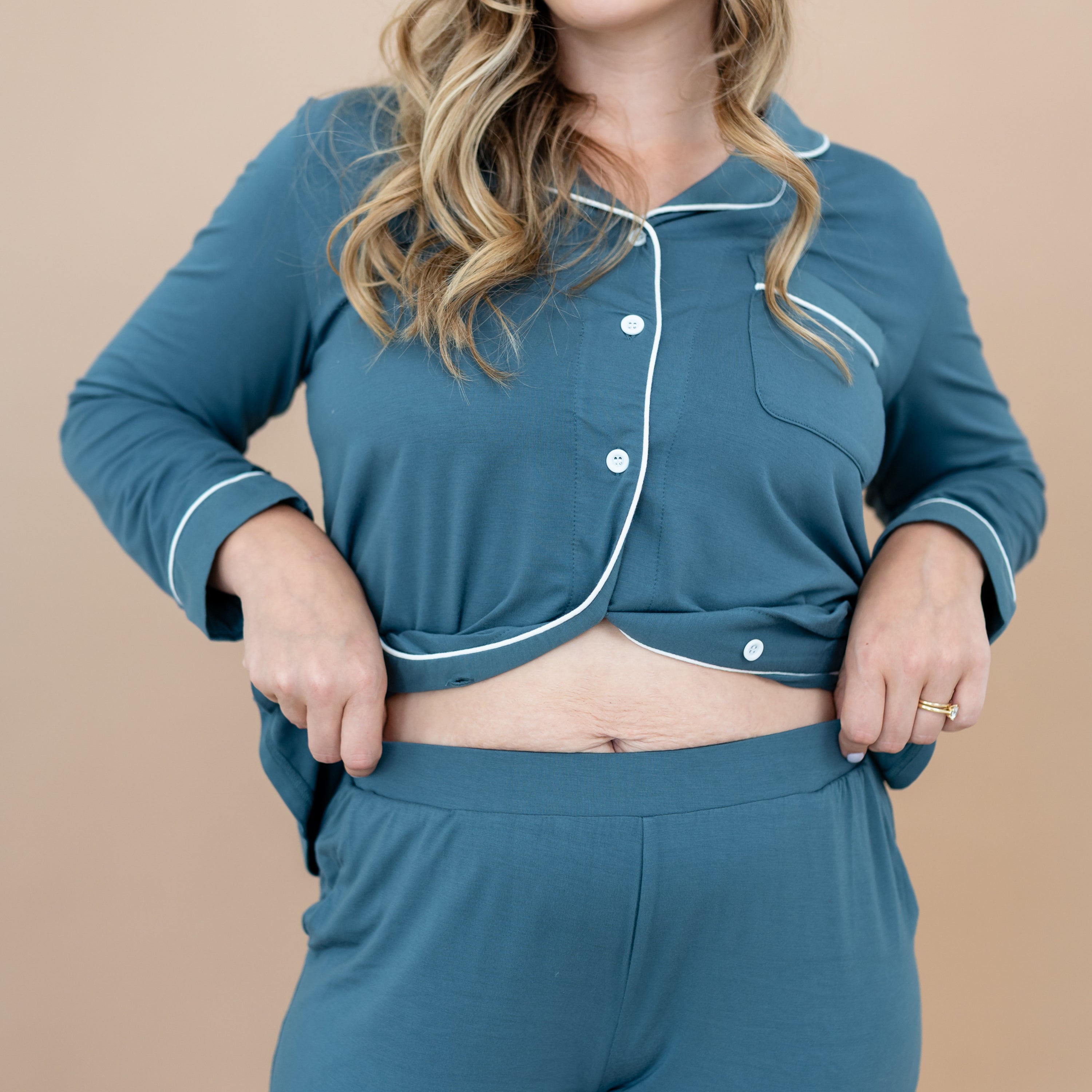 Close up of the elastic waistband on the Long-Sleeved Women's Pajama Set in Atlantic with Cloud Trim