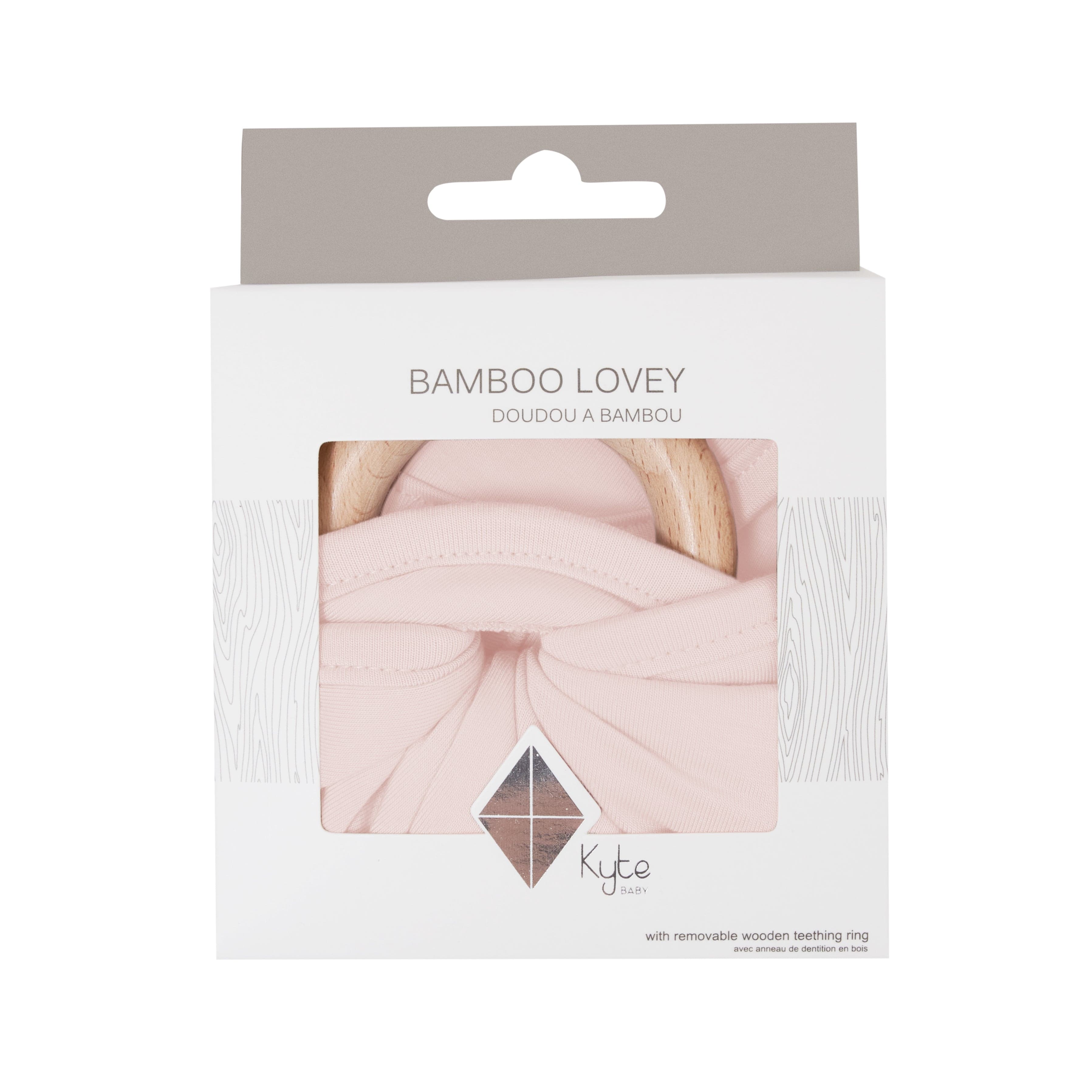 Lovey in Blush with Removable Wooden Teething Ring in packaging