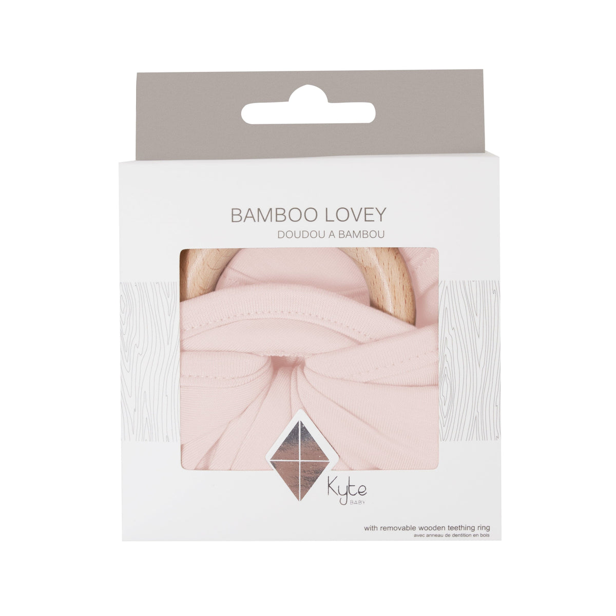 Lovey in Blush with Removable Wooden Teething Ring in packaging