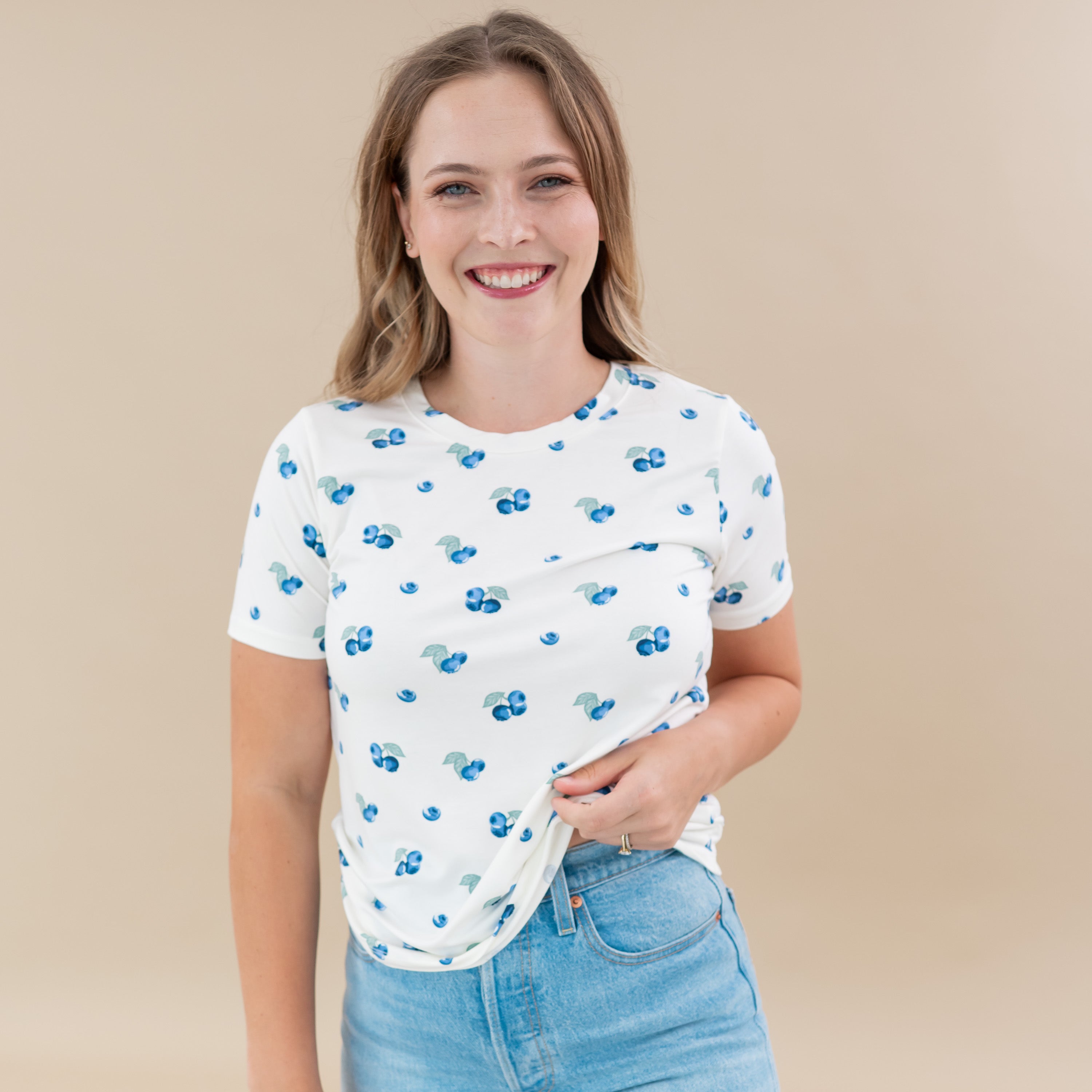 Woman modeling Women's Crew Neck Tee in Blueberry