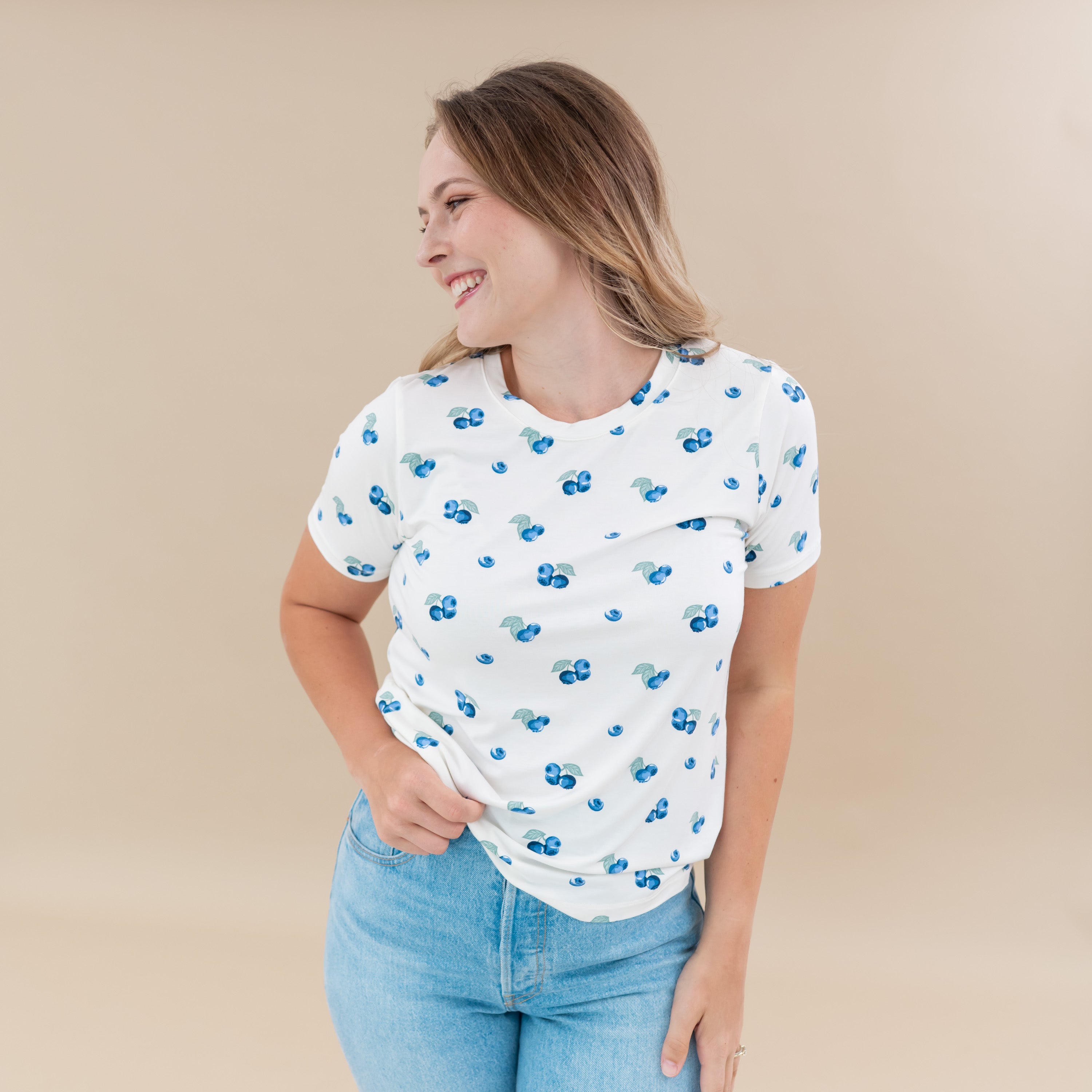 Woman modeling Women's Crew Neck Tee in Blueberry