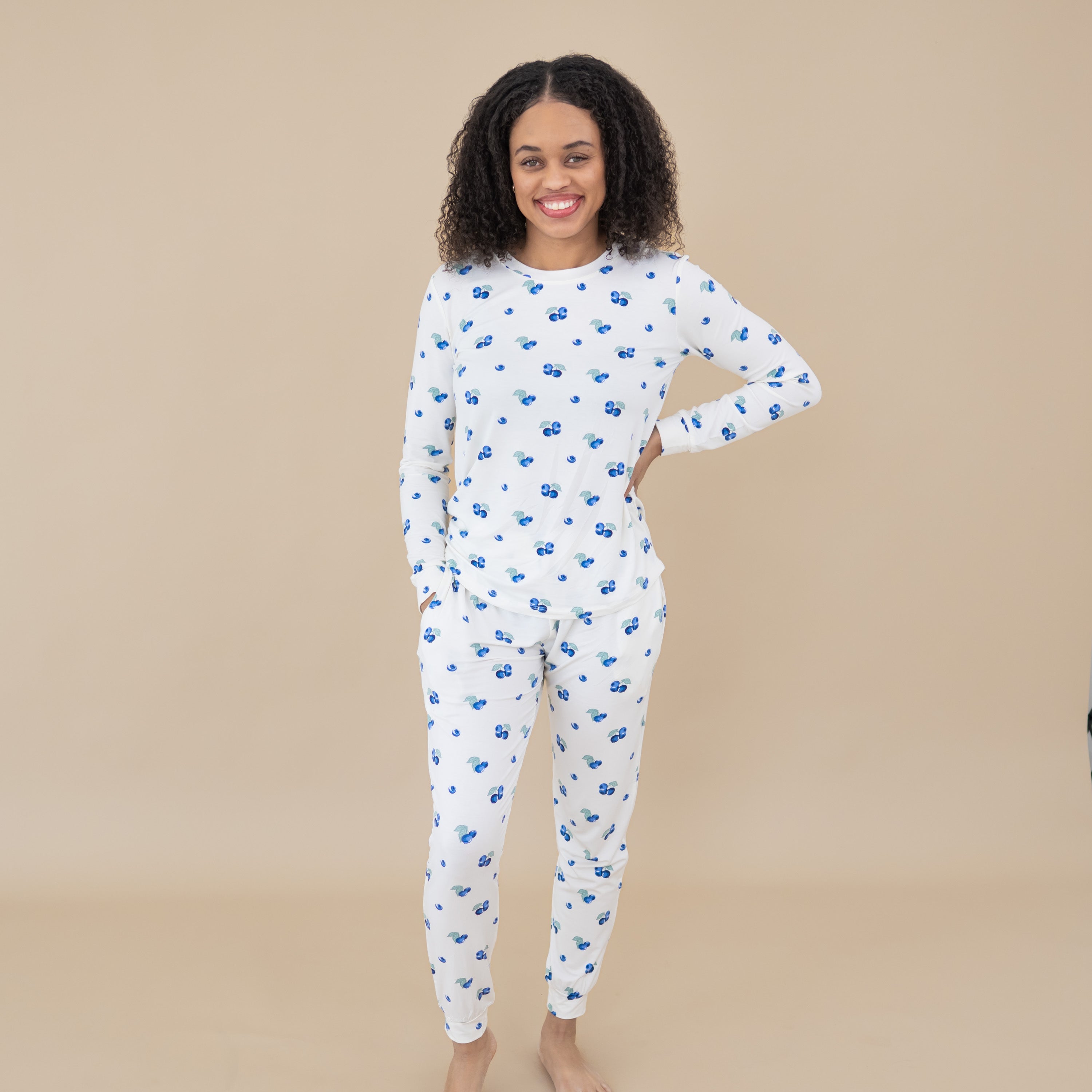 Woman modeling Women's Jogger Pajama Set in Blueberry