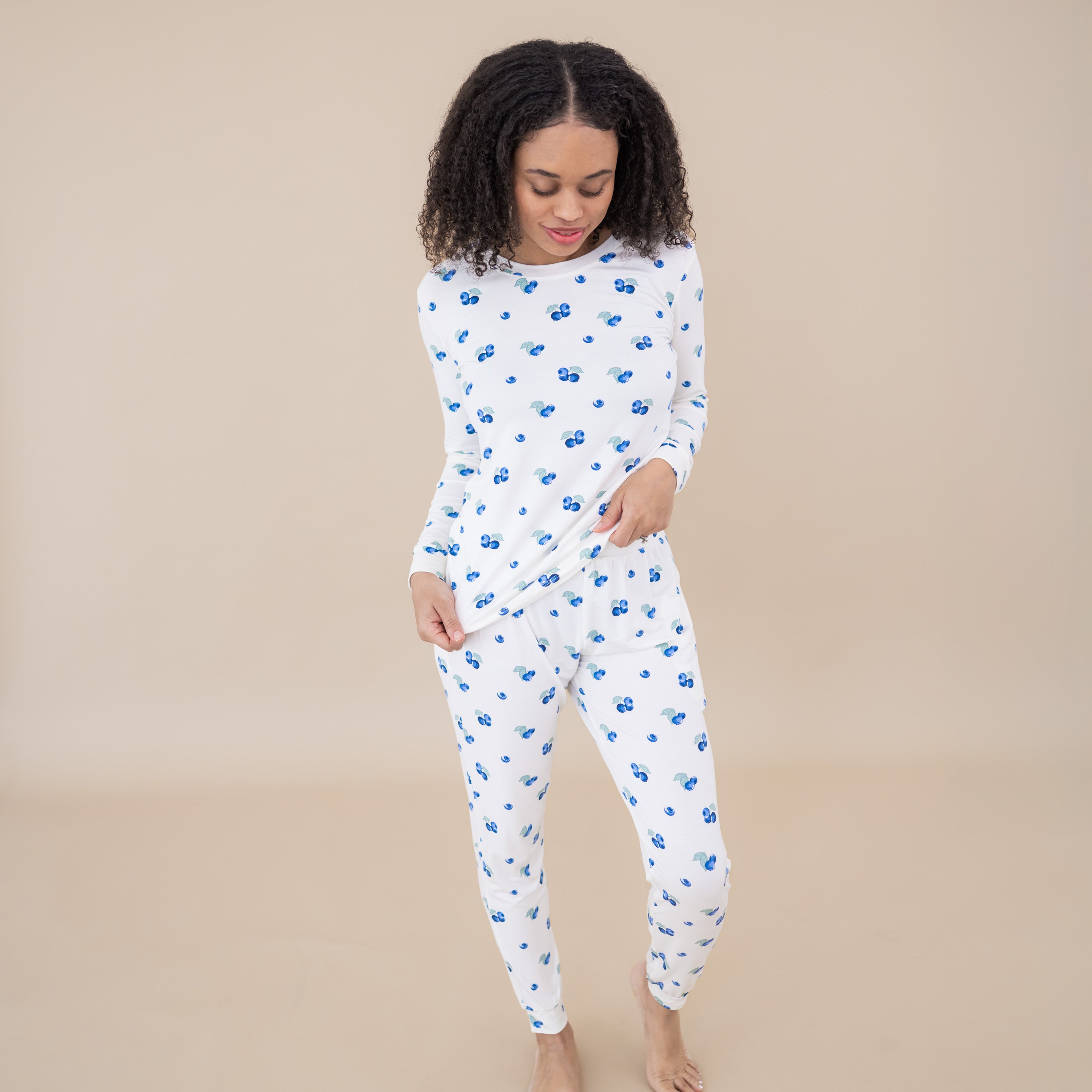 Woman modeling Women's Jogger Pajama Set in Blueberry