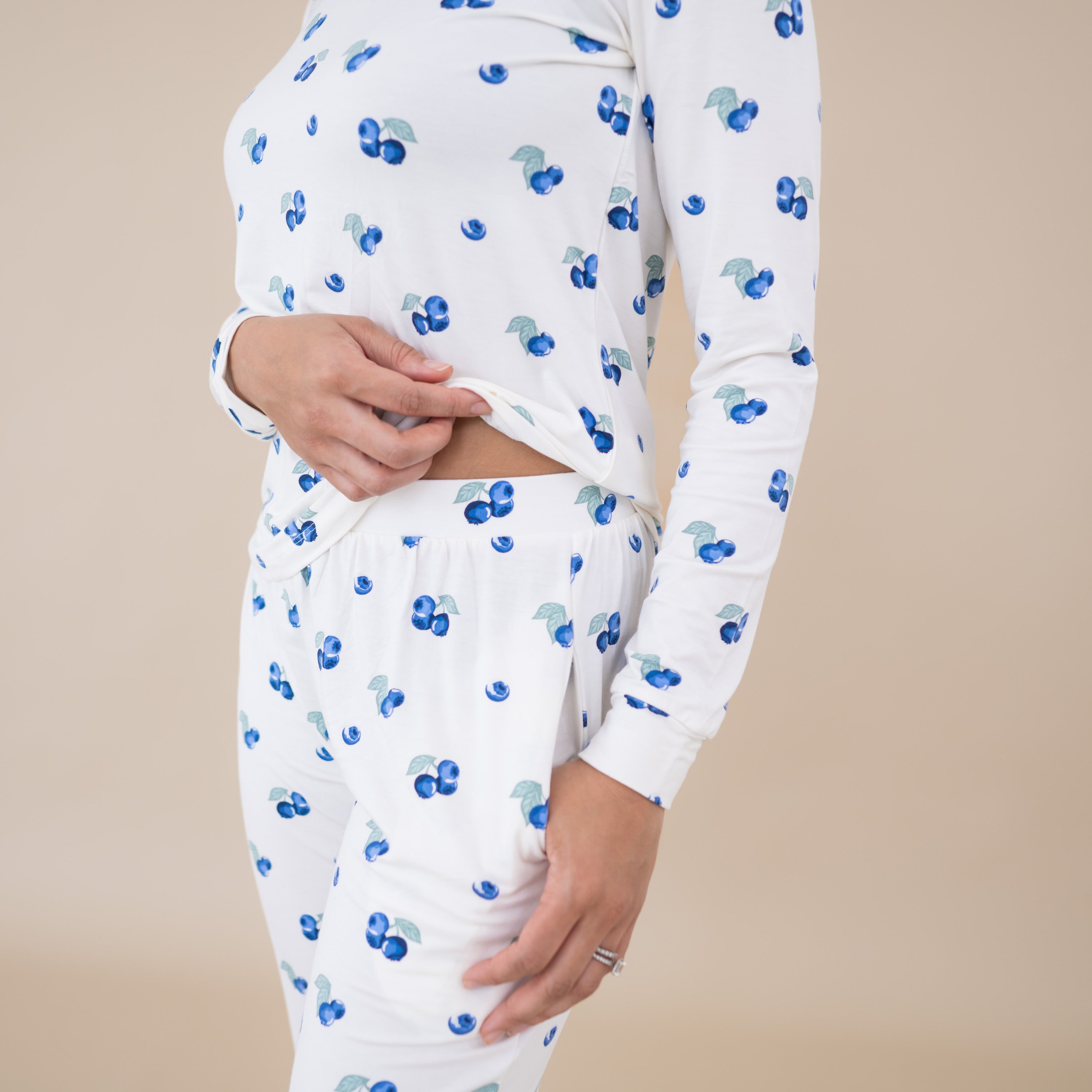 Woman modeling Women's Jogger Pajama Set in Blueberry showing waistband