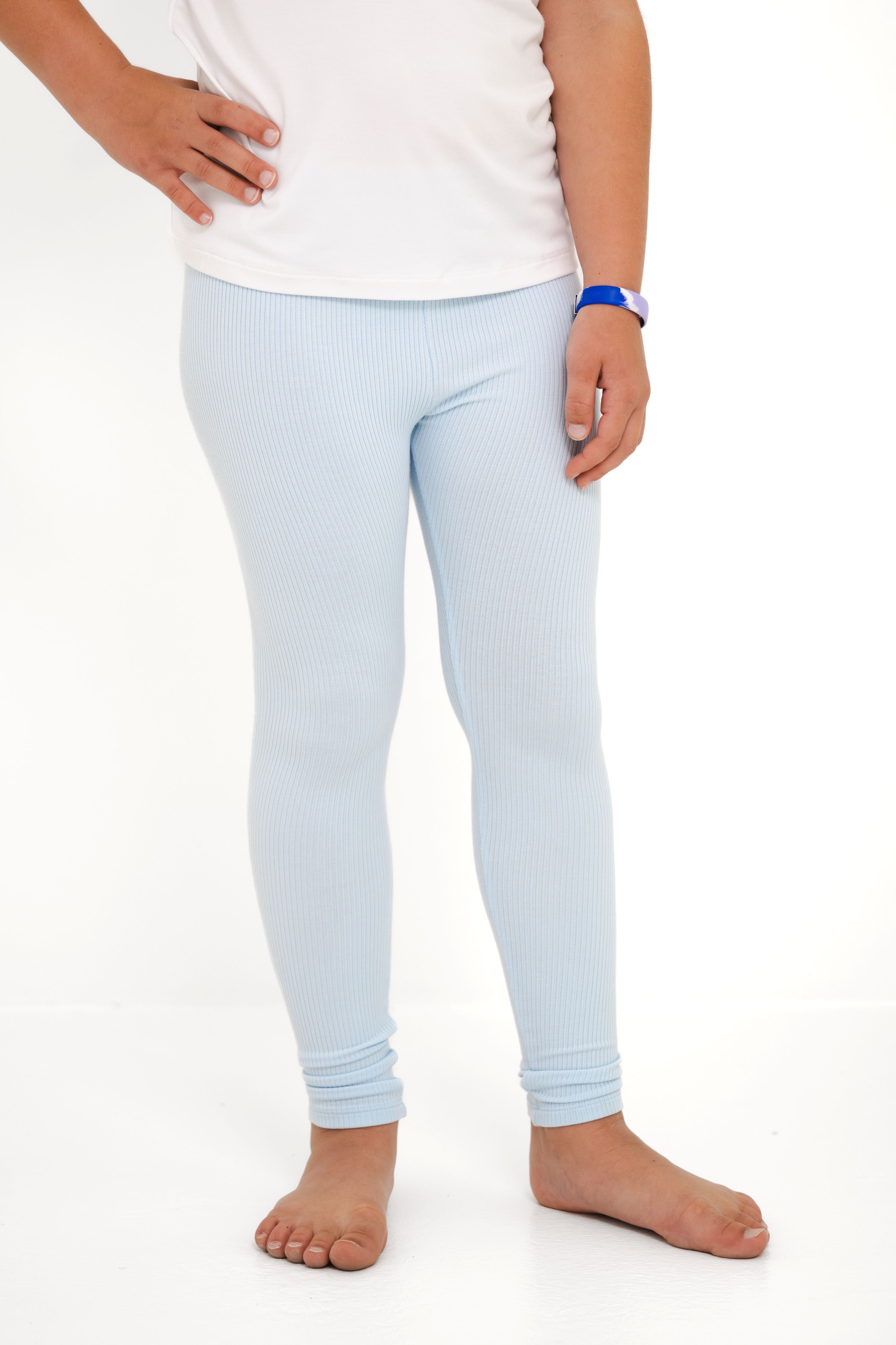 Ribbed Leggings in Breeze shown on a young girl